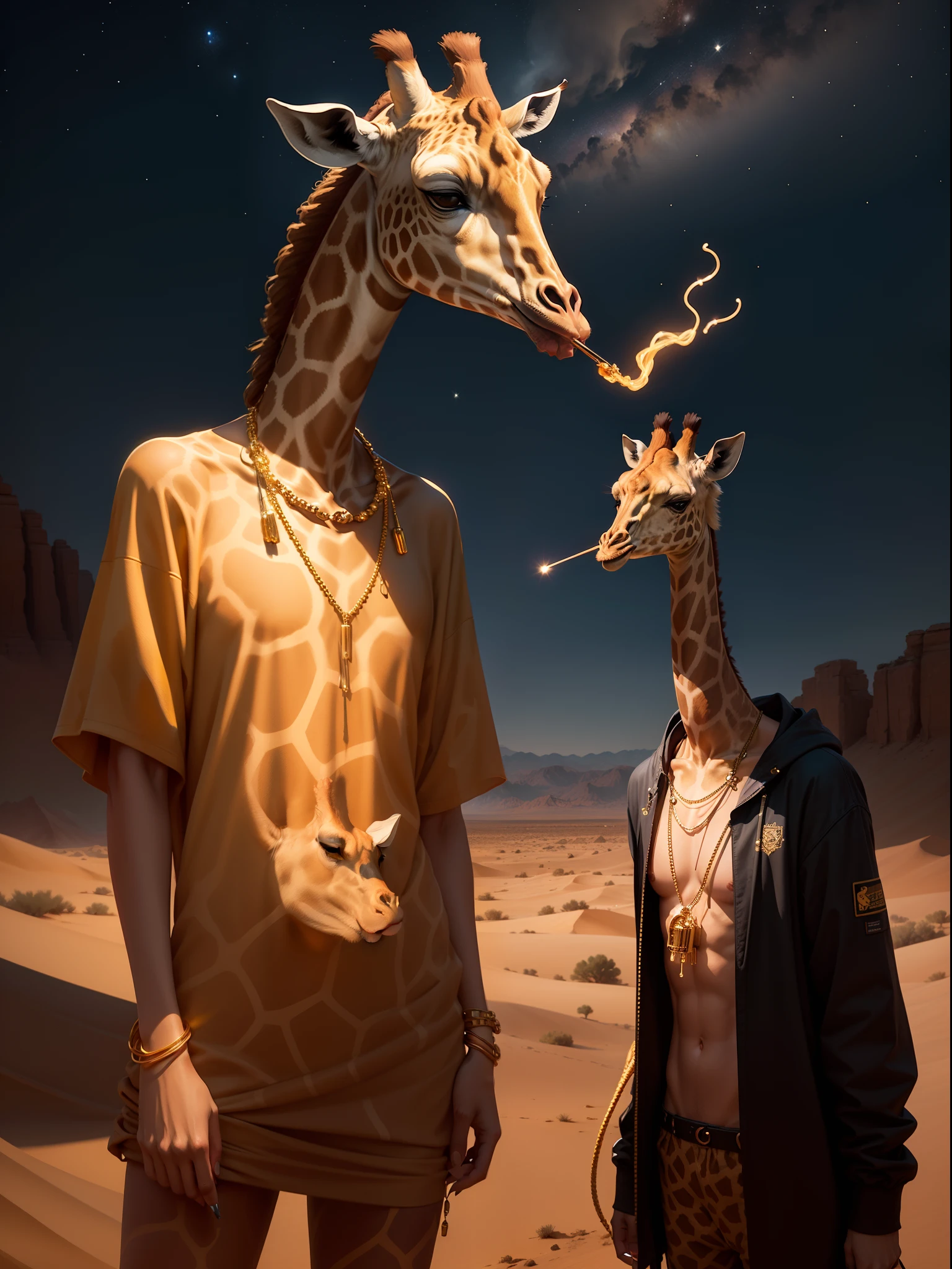 A giraffe smoking a cigarette with gold strings around the neck and boner on the head giraffe smoking a cigarette with gold strings around the neck and boner on the head in the desert landscape, mountains, nighttime, neon, style NFT, precisionism, minimal