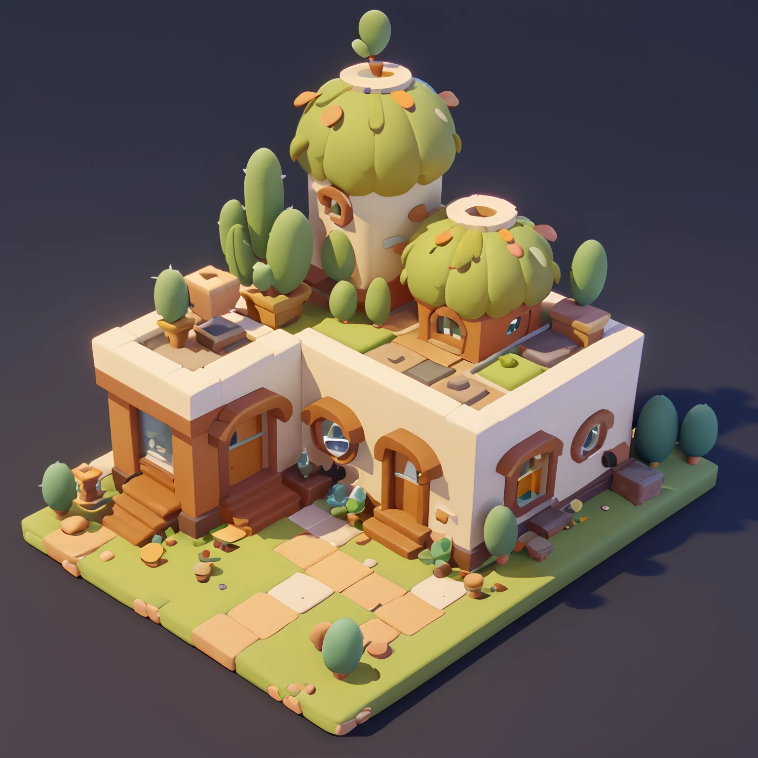 Game architectural design, Cartoony,Cactus House,The cactus matches the architecture,casual game style, Cactus architecture,C4D,closeup cleavage,tmasterpiece,super detailing,best qualtiy