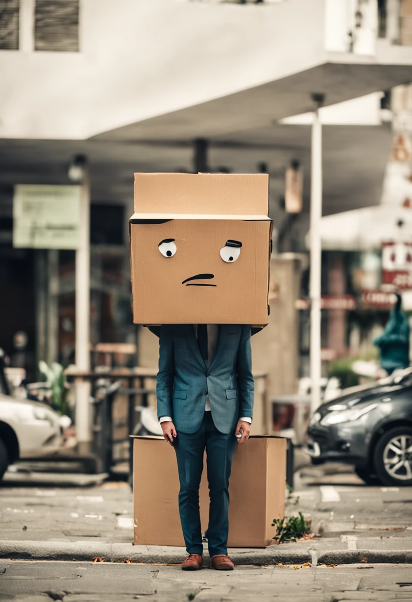 uma mulher sorrindo, cabelos longos compridos, office outfit, Man with a cardboard box on his head standing on a sidewalk, someone lost job, pessoa mascarada no canto, Pessoas sem rosto, rosto obscurecido, man standing, com o rosto coberto, cardboard, Hiding behind a brick wall, Foto de Stock, the futility of overexertion, Escondendo, Hiding behind obstacles, vestindo um terno plug, mulher parada a frente sorrindo e acenando