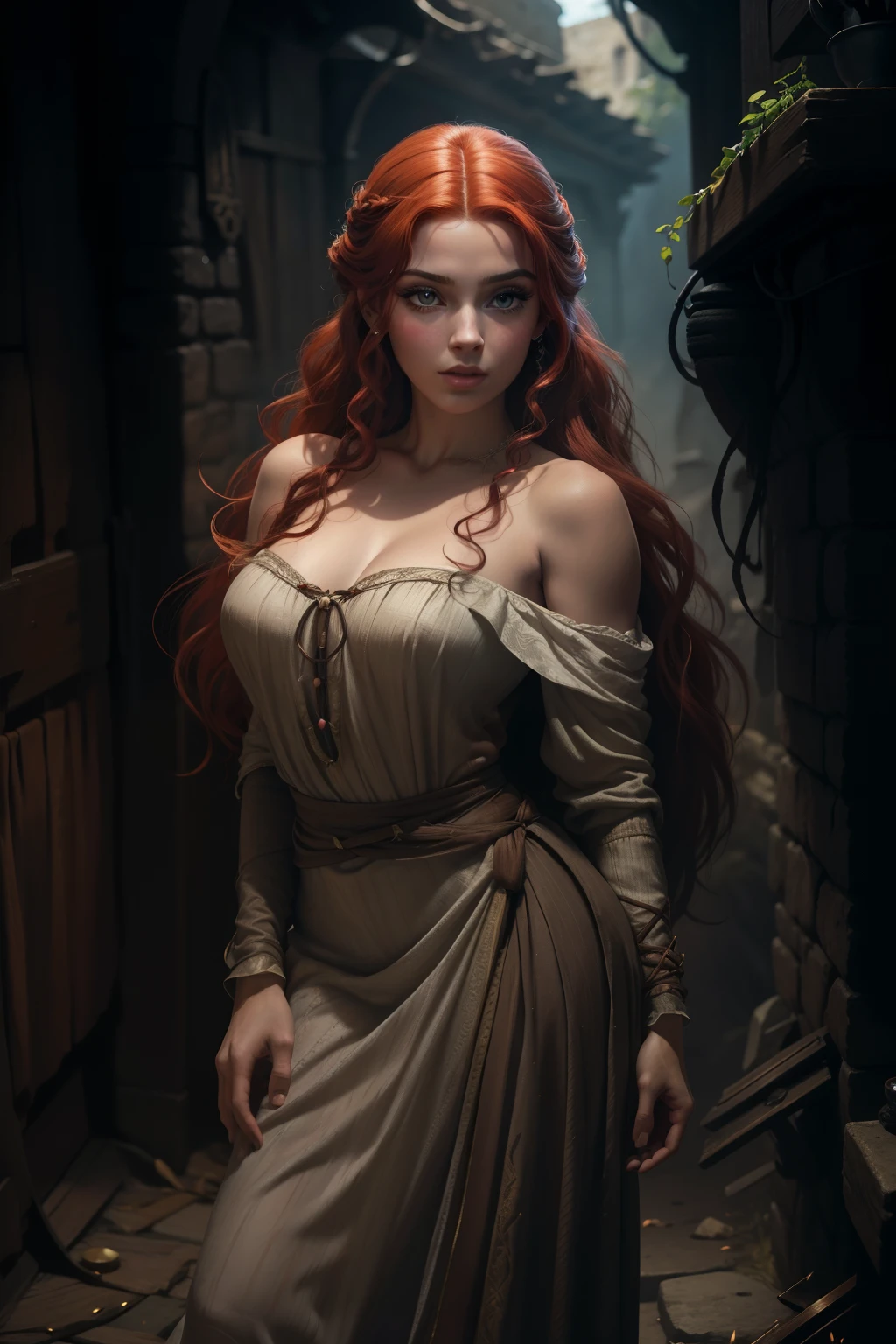 pintura de uma mulher com cabelo vermelho e um estrangulamento em um vestido preto, Estilo de arte de John Collier, Donzela com cabelo de cobre, estilo de Karol Bak, uma jovem ruiva, Retrato de uma jovem bruxa, No Bowater Art Style, Directed by: Roberto Lenkiewicz, Geraldo Brom, Alberto Lynch, portrait of princess merida, Dave Sim, Red-haired girl in a shadowy palace, vestido preto e roxo de veludo usando um kokoshnic, roupa luxuosa de cigana, head adornment, Gargantilha de renda, obra-prima, mais alta qualidade, (sozinho), (rosto perfeito: 1.3), (alto detalhe: 1.2), Dramatic, 1girl, anjo, (pale skinned), longos cabelos ruivos, cabelos vermelhos escuros, (Seios enormes), sobrancelhas claras, cabelo longo, noite, roupa de gypspy medieval de cor purpura e preta, muitas joias, head adornments, olhos castanhos, umbigo coberto, pouty lips, Curvilinear, (arms behind back: 1.4), Coberto, Detailed palace background, arte de artgerm e greg rutkowski, cinematic lighthing, , moda, Balenciaga, Alexandre Mc Queen, Glitter, cabelos vermelhos acobreados, cabelos ruivos acobreados, cabelos vermelhos, mulher ruiva, cabelos vermelhos bonitos, ruiva, pale skinned, garrafa de gordura, large lips, juicy lips beautiful lips, olhos bonitos, boechachas gordinhas, Rosto redondo, jovem gordinha, Adolescente gordinha, Chub, Menina gorda, Mulher com corpo rechonchudo, mulher gordinha, perfect hands, olhos perfeitos, rosto perfeito, vestido preto