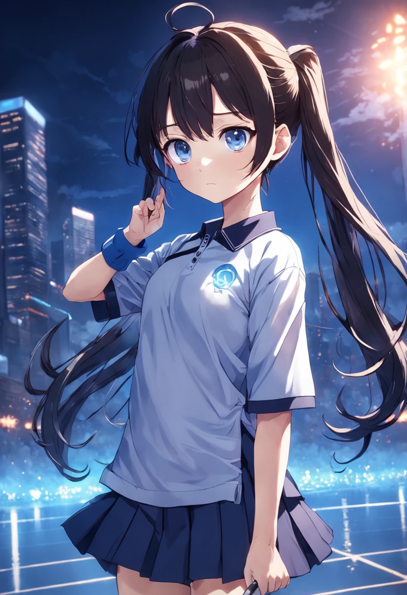 Jitome,One girl、A dark-haired、cute little、polo shirts、poneyTail、blue eyess、masterpiece、top-quality、Top image quality