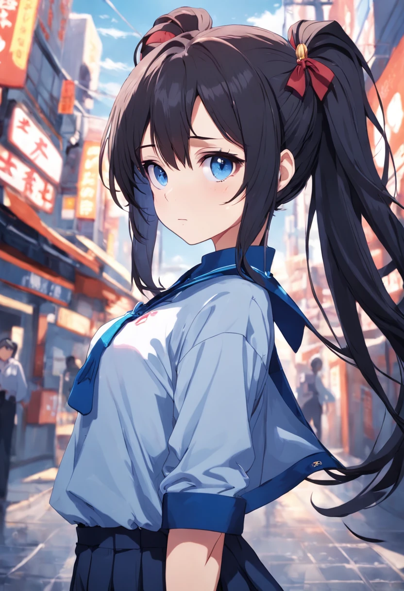 Jitome,One girl、A dark-haired、cute little、polo shirts、poneyTail、blue eyess、masterpiece、top-quality、Top image quality
