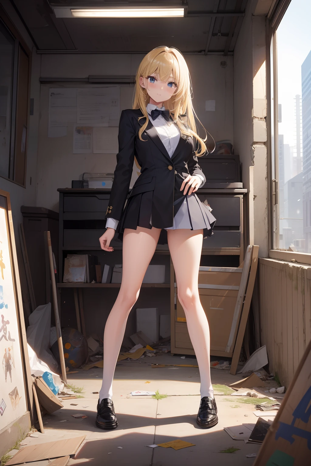 top-quality、​masterpiece、Grapffiti、Closed，[[Inside a destroyed classroom]]Garbage all over the ground，Unclean，Sexy Standing Pose，Very beautiful slim legs，a blond、校服、blazers、exhibitionists，