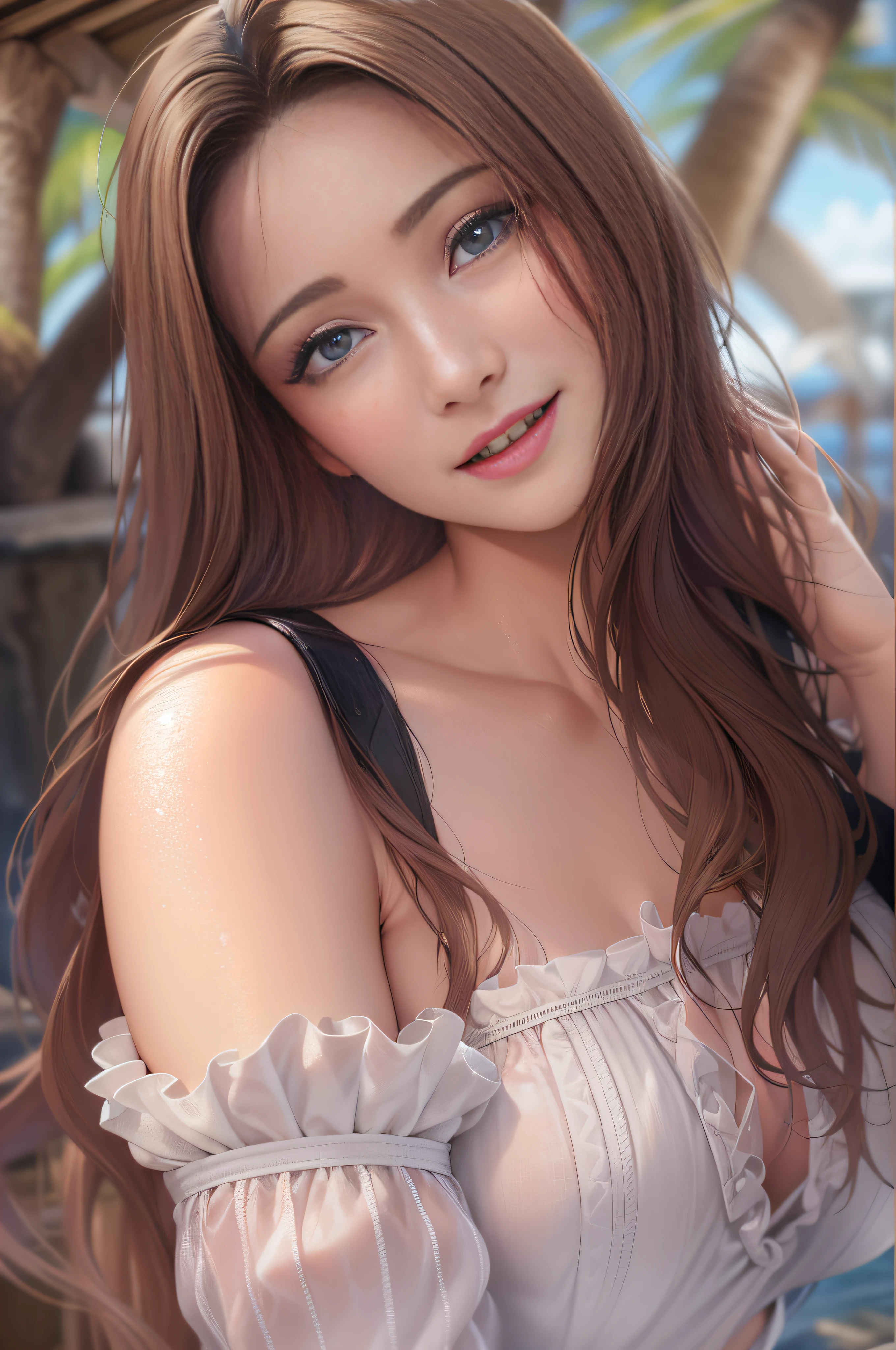 Sexy close-up shot of a beautiful woman, the cutest 20-year-old beauty, charming smile, ((background is a seaside resort)), ((very long hair)), ((skimpy resort fashion)) , ((full chest)), gradient eyes, seductive makeup, show lighting, single perspective, canon, nffsw, retina, masterpiece, accurate, anatomically correct, textured skin, super detail, high detail , High Quality, Award Winning Yes, Highest Quality, High Definition, 1080p, Hard Disk, 4K, 8K, 16K