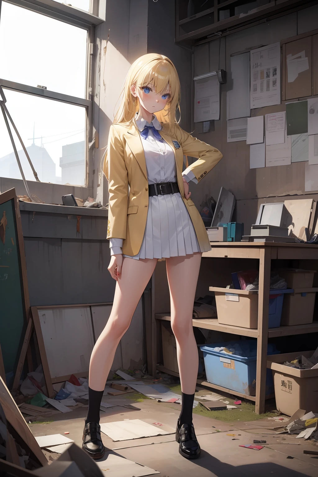 top-quality、​masterpiece、Grapffiti、Closed，[[Inside a destroyed classroom]]Garbage all over the ground，Unclean，Sexy Standing Pose，Very beautiful slim legs，a blond、校服、blazers、exhibitionists，