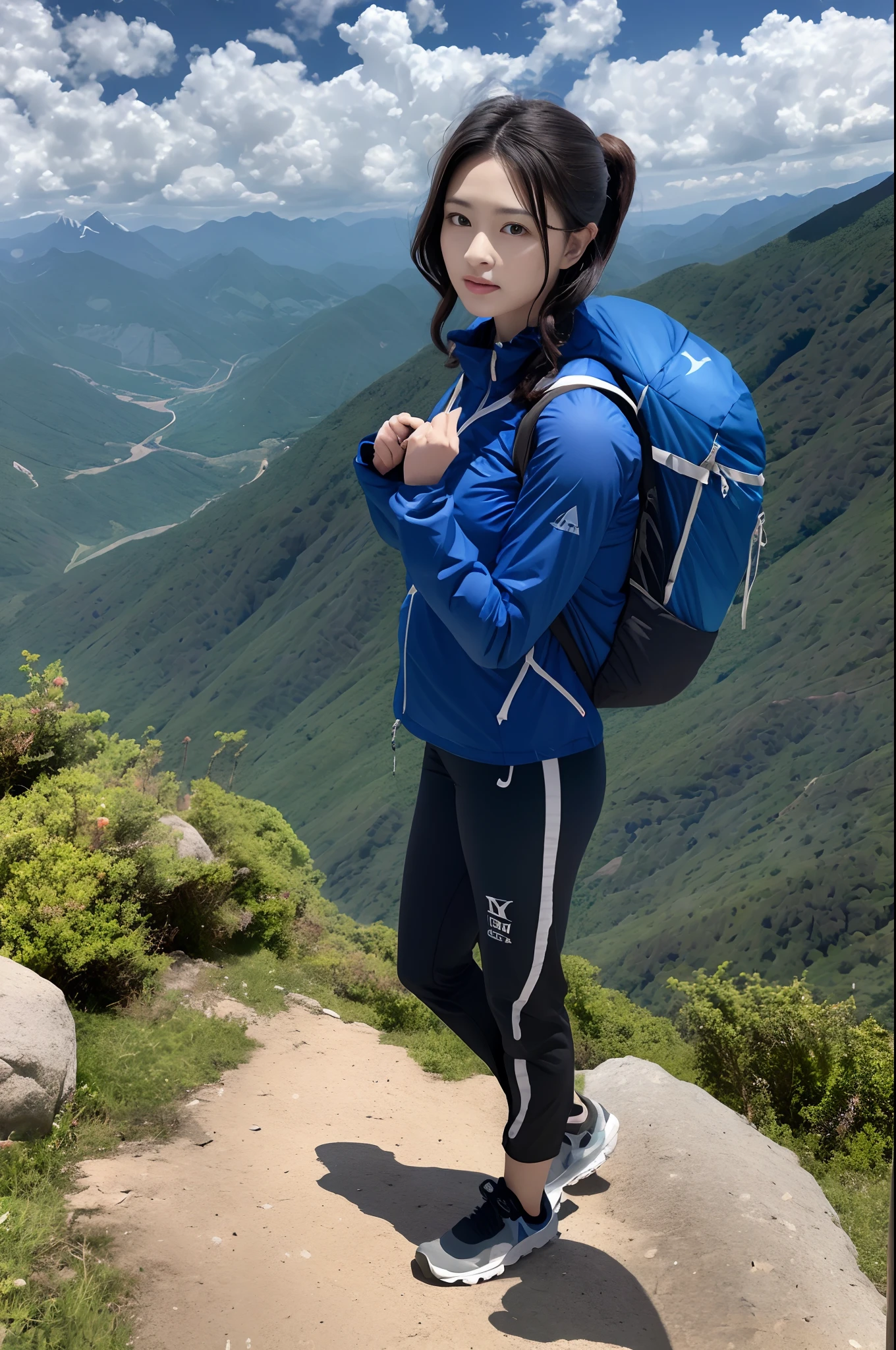 (masterpiece, top quality, 8K wallpaper, high resolution, ultra-realistic), 1girl, solo, full body composition from afar, slender figure: 1.1, Japan person, very delicate and beautiful woman, cute face, beautiful face, beautiful eyes, detailed face, detailed face, detailed eyes, detailed nose, detailed mouth, short hair, black eyes, carrying a big backpack, backpacker, mountaineer, view from the top of the mountain, detailed hands, detailed feet, detailed fingers , Mountain jacket on outerwear, T-shirt, trekking pants, trekking, hiking, wearing trekking shoes, outdoor, small breasts, natural landscape photo;mountain climbing;spectacular summer mountain scenery with rugged mountain range in the distance, wonderful contrast of blue sky and white clouds. Camera = "Sony a7 IV";Lens="Tamron 28-200mm f/2.8-5.6 Di III RXD";" Aperture = f/6.3";" Shutter speed = 1/1600 sec";" ISO=100";