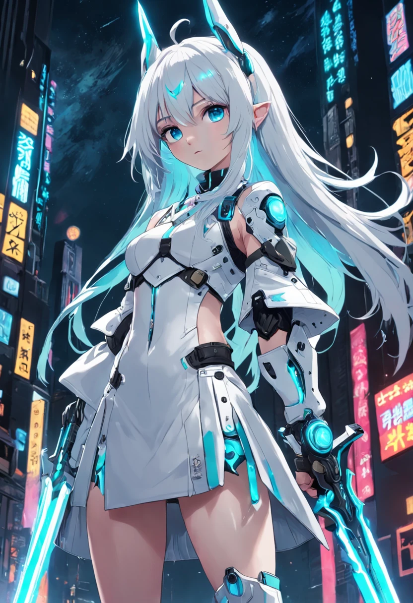 A little girl，white color hair，Cyan hair is dyed，long whitr hair，Glowing cyan eyes，Mechanical animal ears，He held a large white sword in his left hand，full bodyesbian，looking at the stars，Chosen Ji，cyber punk perssonage，A futuristic，neonlight，Cinematic composition，paint drips，plethora of colors，complexdetails，Best Masterpiece，Highest image quality，8K分辨率，PC Wallpapers，Colorful starry sky background