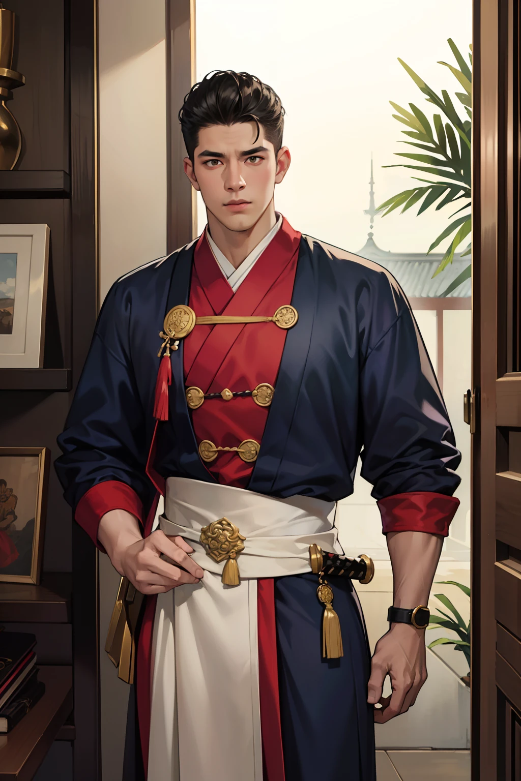 NSFW, obra-prima, melhor qualidade, ultra-detalhado, semi-realista, detailedfacialfeatures, 1 homem maduro, nome Yan Chu,vestindo roupas antigas wuxia hanfu, cabelos negros,longos,olhos negros,majo,cor da roupa escura e com linhas douradas,manly,sedutor, forte,guerreiro, Standing arrogantly holding a sharp-bladed sword, de frente para um casebre humilde.