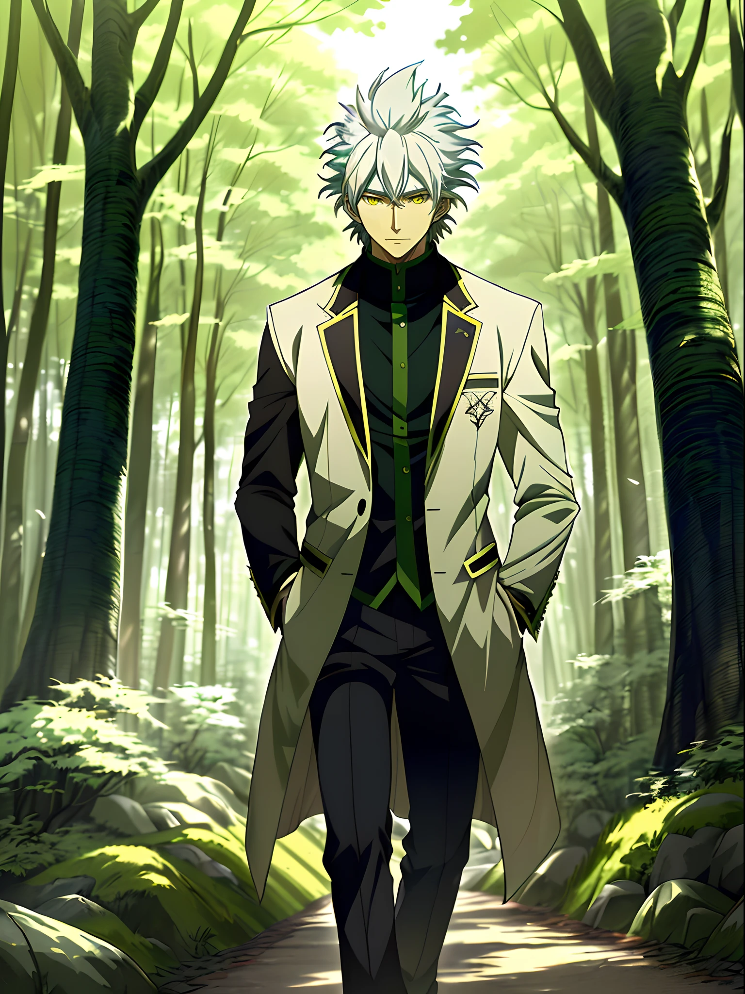 Anime character with white hair and yellow eyes standing in the green woods, White-haired god, nagito komaeda, koyoharu gotouge, Anime portrait of a handsome man, Tall anime man with yellow eyes, Anime handsome man, white haired Cangcang, handsome guy in demon killer art, offcial art