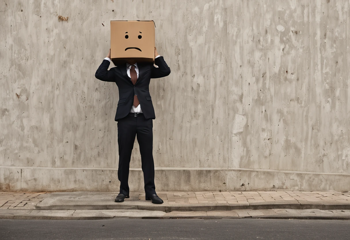 uma mulher sorrindo, cabelos longos compridos, office outfit, Man with a cardboard box on his head standing on a sidewalk, someone lost job, pessoa mascarada no canto, Pessoas sem rosto, rosto obscurecido, man standing, com o rosto coberto, cardboard, Hiding behind a brick wall, Foto de Stock, the futility of overexertion, Escondendo, Hiding behind obstacles, vestindo um terno plug, mulher parada a frente sorrindo e acenando