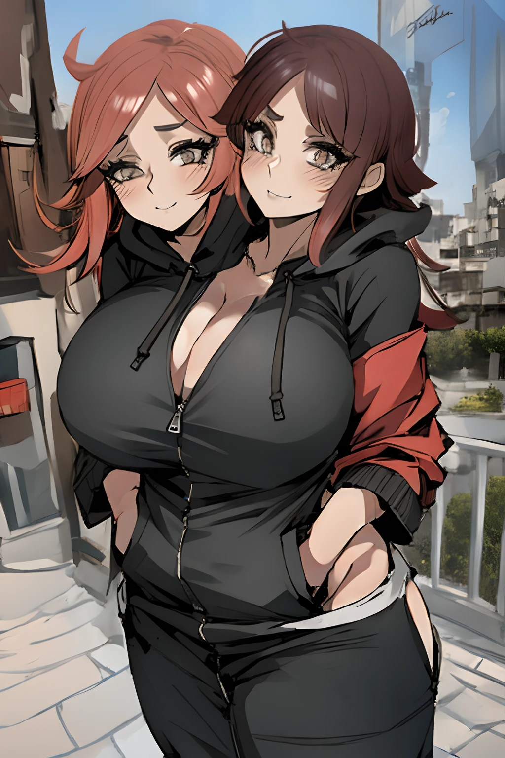 2heads, a short fat woman with 2 heads. She has enormous breasts. She looks aroused and seductive. She is wearing an unzipped colorful hoodie with nothing underneath. She is wearing leggings. She is extremely short and extremely fat. Her breasts are gigantic and fat. Her breasts protrude through her unzipped hoodie. Her hoodie is fully unzipped. Her giant breasts can be seen in her open hoodie. She is outside in a city during the day, with buildings nearby. She is blushing. She has big fat massive breasts. She looks motherly and mature. She has very big and full lips. She has giant fat boobs.
