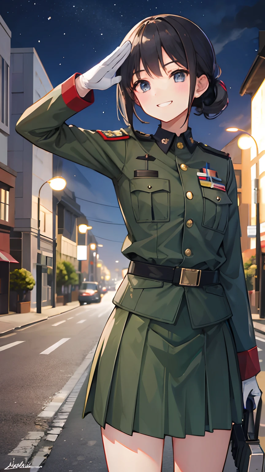 A girl in military uniform,Gun in hand,grinning smile,Shy,Warm street lights,down town,Superskirt,saluting