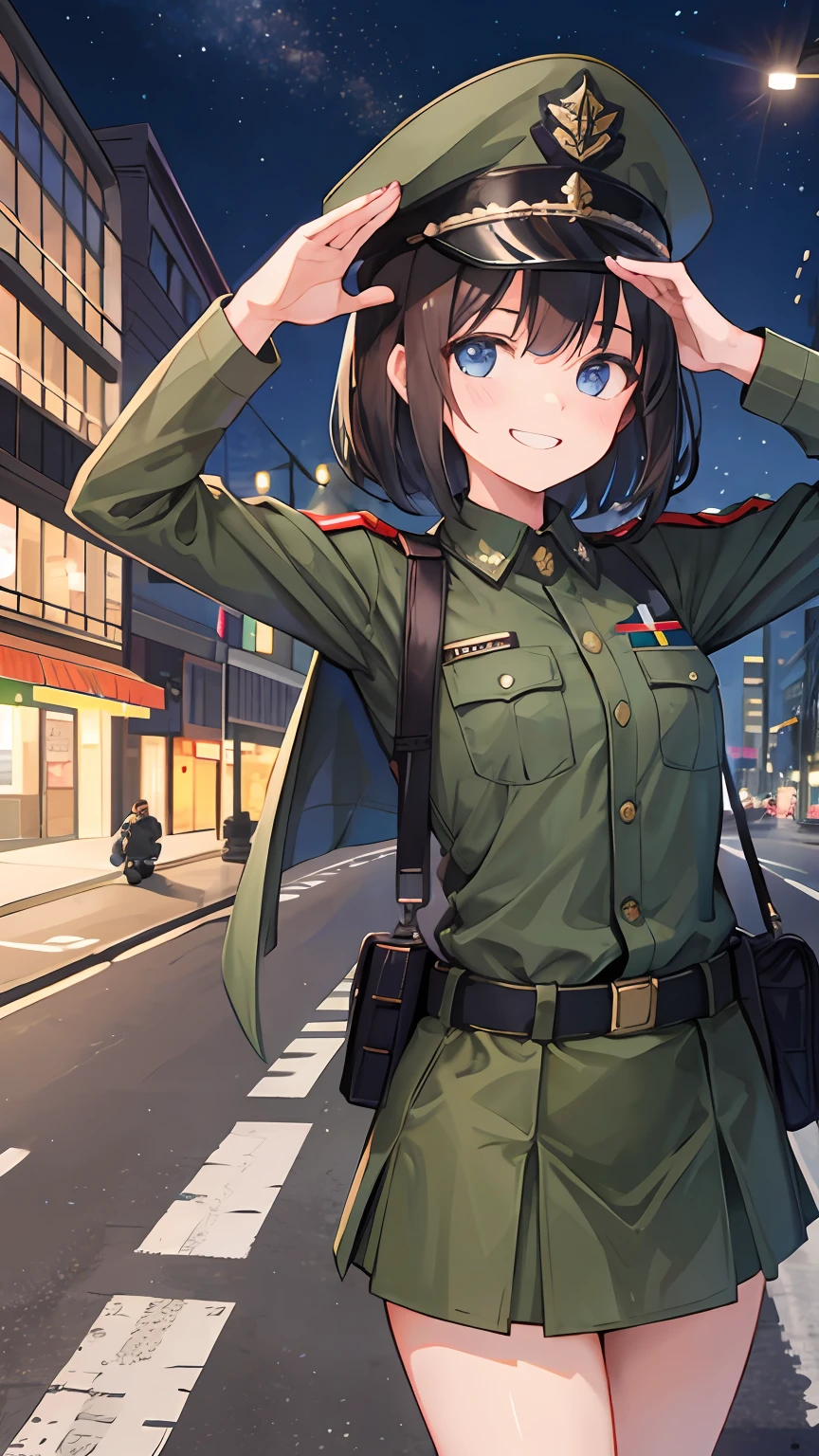 A girl in military uniform，Gun in hand，grinning smile，Shy，Warm street lights，down town，Superskirt，saluting