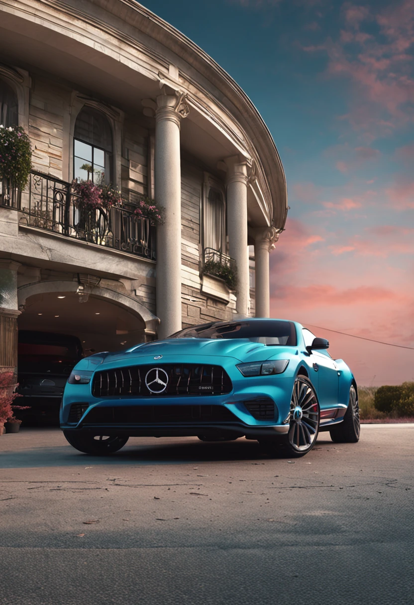 Garage with luxury cars in front of the mansion, foto real