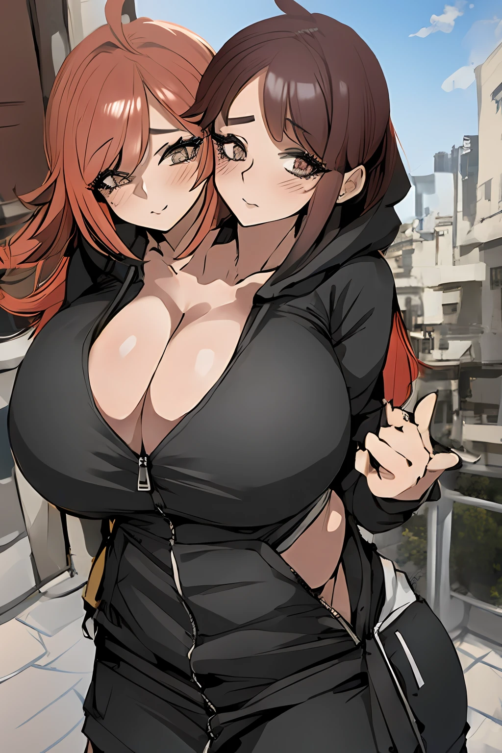 2heads, a short fat woman with 2 heads. She has enormous breasts. She looks aroused and seductive. She is wearing an unzipped colorful hoodie with nothing underneath. She is wearing leggings. She is extremely short and extremely fat. Her breasts are gigantic and fat. Her breasts protrude through her unzipped hoodie. Her hoodie is fully unzipped. Her giant breasts can be seen in her open hoodie. She is outside in a city during the day, with buildings nearby. She is blushing. She has big fat massive breasts. She looks motherly and mature. She has very big and full lips. She has giant fat boobs.