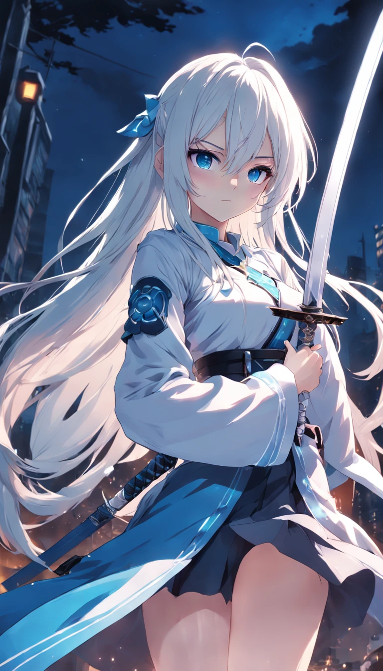 anime girl with long white hair and blue eyes holding a sword, style of anime4 K, Anime art wallpaper 8 K, Anime art wallpaper 4 K, Anime art wallpaper 4k, Best anime 4k konachan wallpaper, Anime wallpaper 4K, Anime wallpaper 4 k, 4K anime wallpaper, white cyan, nightcore, From Arknights