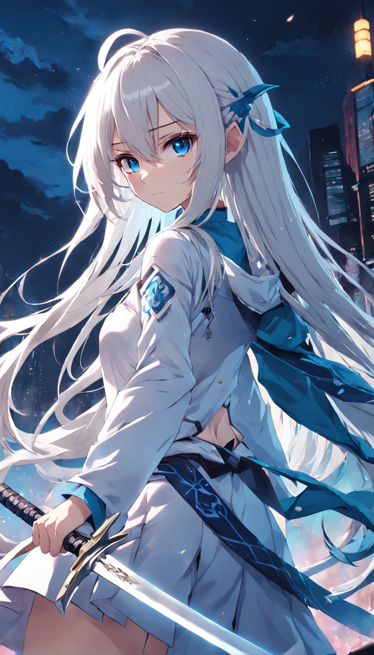 anime girl with long white hair and blue eyes holding a sword, style of anime4 K, Anime art wallpaper 8 K, Anime art wallpaper 4 K, Anime art wallpaper 4k, Best anime 4k konachan wallpaper, Anime wallpaper 4K, Anime wallpaper 4 k, 4K anime wallpaper, white cyan, nightcore, From Arknights