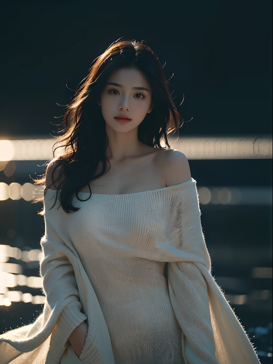 Best picture quality，Masterpiece level，Ultra-high definition，Ultimate realism（1.4），A sexy woman，Wavy shoulder，Glowing skin，Cold and dark environment，Deep shadows，Understated cold light。