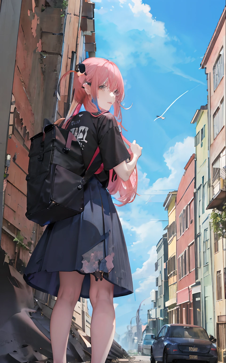 ruins、Buildings、destruction、blue-sky、clouds、gotou1、A pink-haired、a black T-shirt、a black skirt、Longhaire、I'm carrying a guitar on my back
