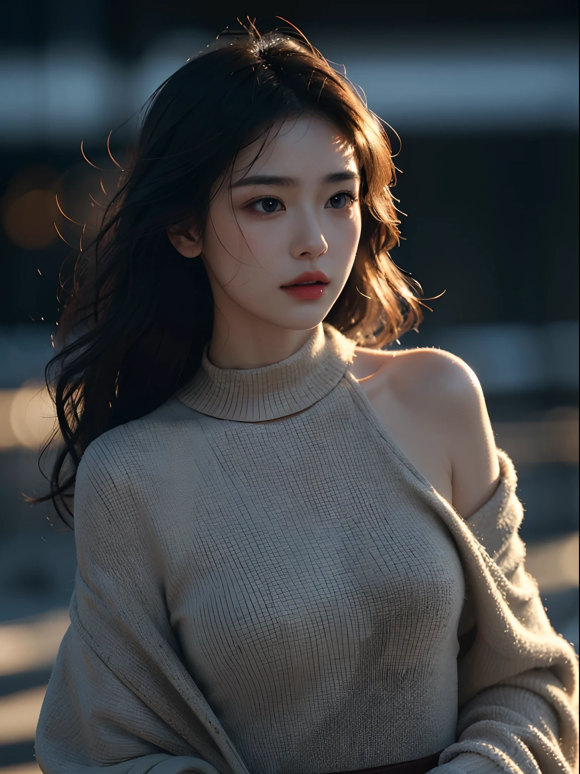 Best picture quality，Masterpiece level，Ultra-high definition，Ultimate realism（1.4），A sexy woman，Wavy shoulder，Glowing skin，Cold and dark environment，Deep shadows，Understated cold light。