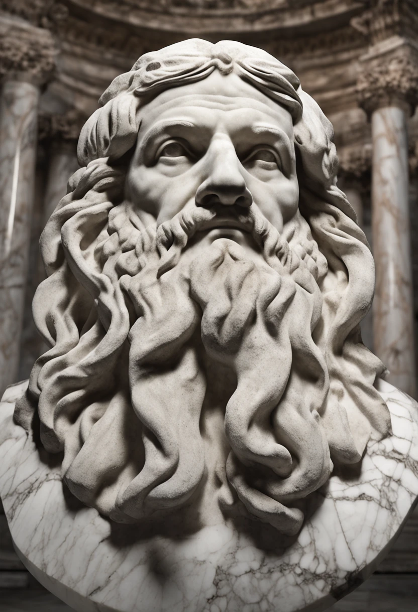 marble statue of the head of Zeno of Scythia, rosto frontal de marmore, marble glows in the sun, detalhes intrincados, Rosto perfeito ultrarrealista, Camadas, bordas suaves, Sombras profundas, complex volumetric lighting, hiper-realismo, fundo preto, com background preto