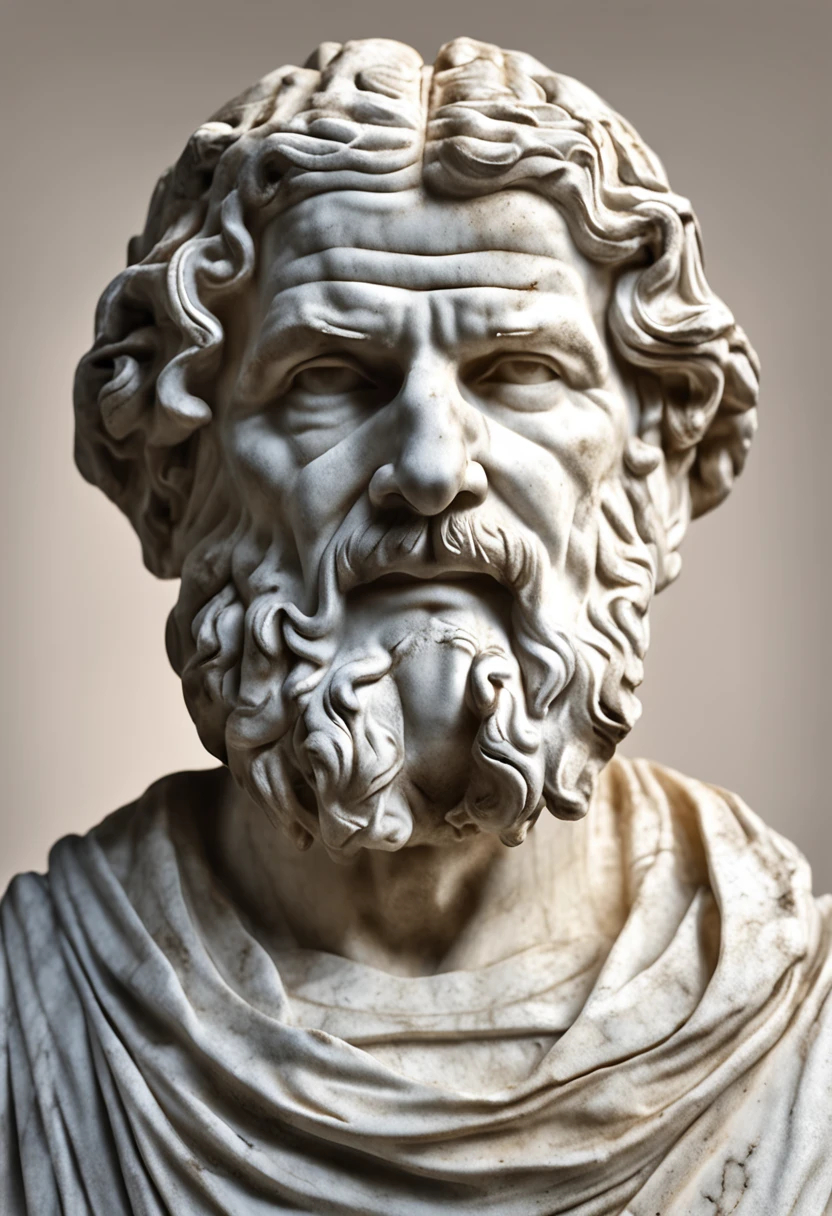 marble statue of the head of Zeno of Scythia, rosto frontal de marmore, marble glows in the sun, detalhes intrincados, Rosto perfeito ultrarrealista, Camadas, bordas suaves, Sombras profundas, complex volumetric lighting, hiper-realismo, fundo preto, com background preto