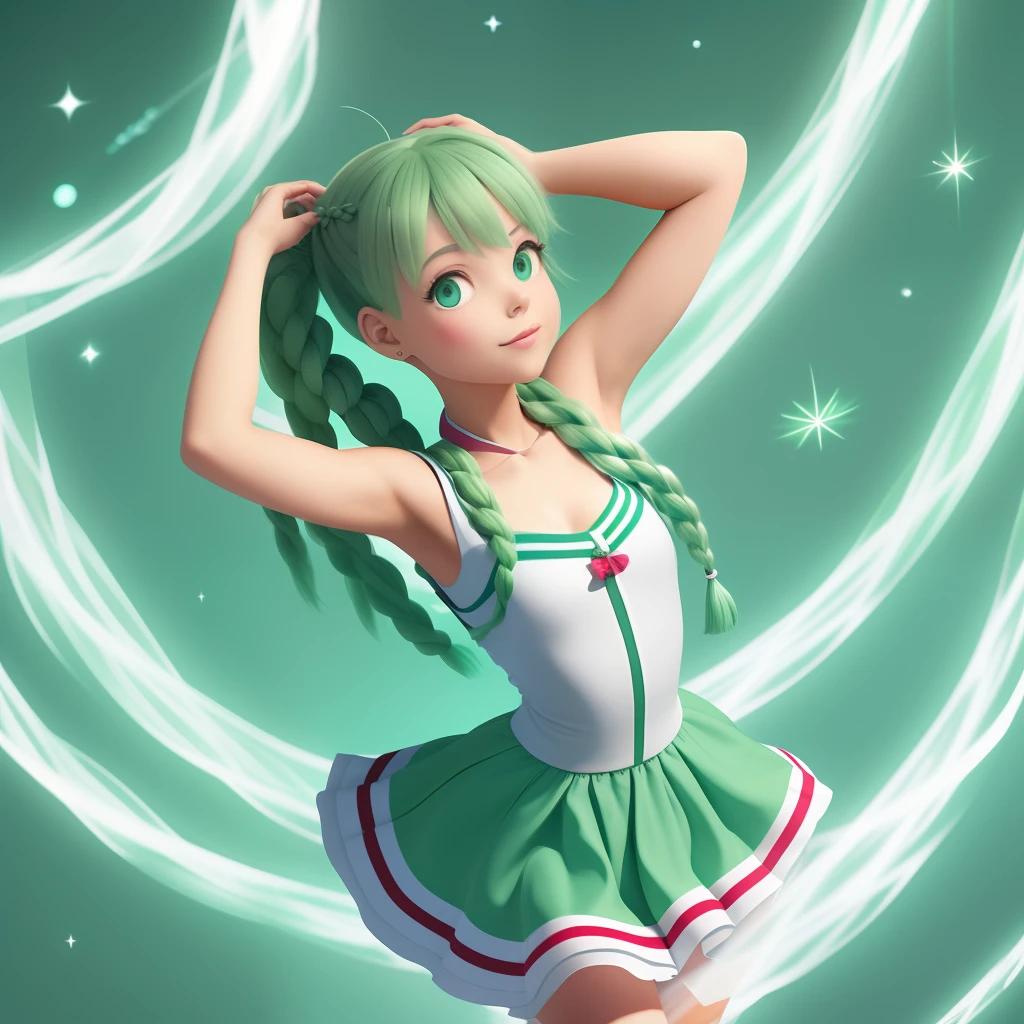 Pale green-haired girl，There are two flying twisted braids，Innocent and adorable，In sailor suit，Flexible shape，largeeyes，quadratic element，It seems like just turned around and looked down，quadratic element，The background is bright and light，The turned dress is like a dancer，Whole body diagram，The perspective is from bottom to top