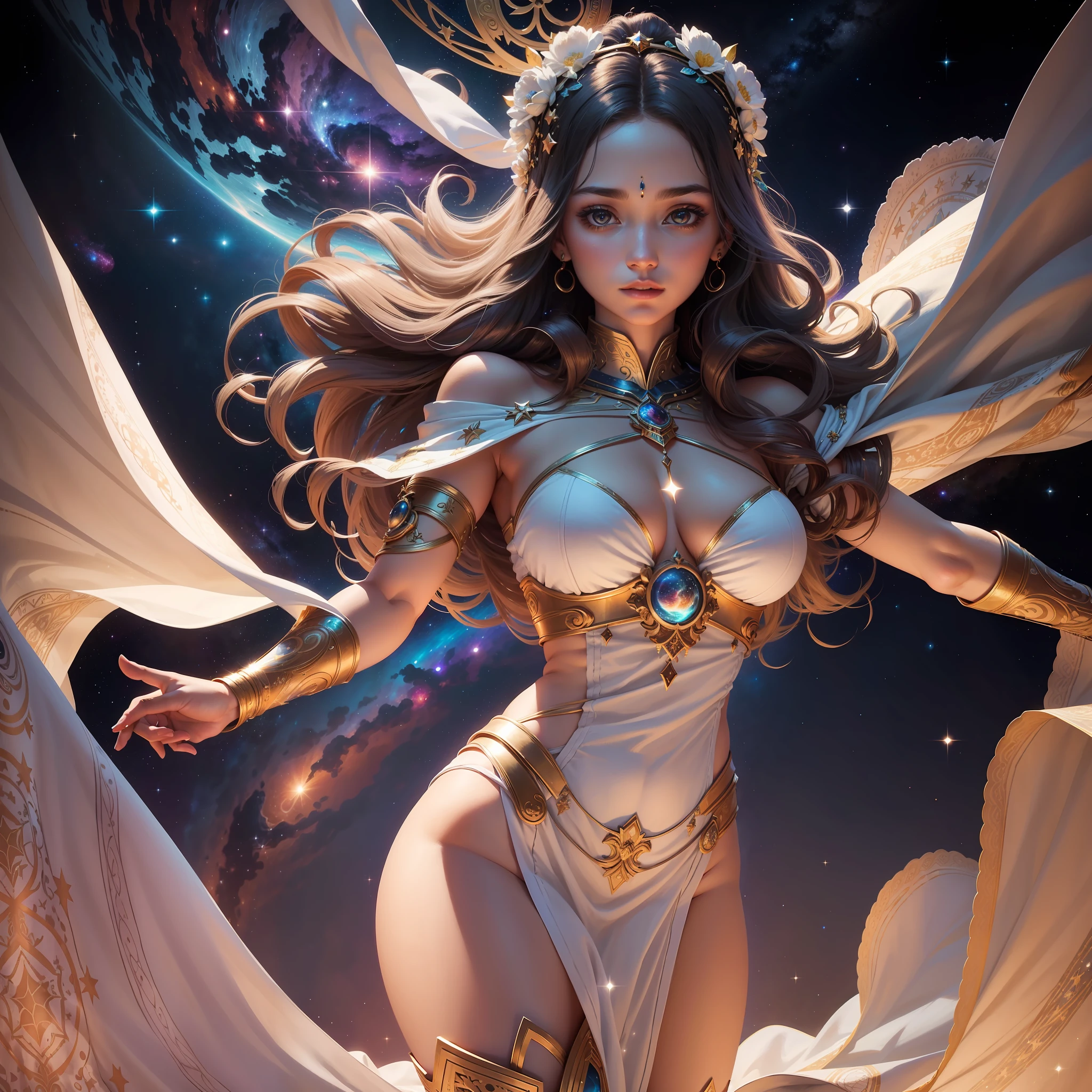 In the midst of space, a goddess is sailing the universe in all its splendor. With her energy she illuminates her path, her beauty makes everything around her even brighter. Stars, galaxies and all the beauty of the universe is around her. She wears beautiful fabrics with incredible embroidery, her endless hair seems to fly behind her.
