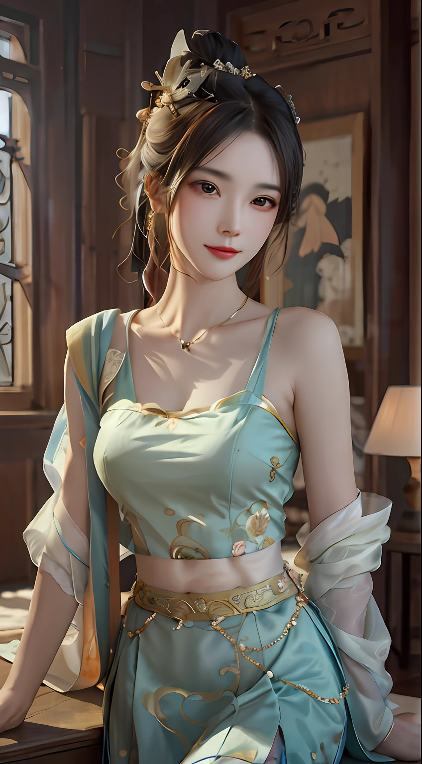 Close-up of a woman in a blue dress sitting on a table, gorgeous chinese models, Hanfu, Palace , A girl in Hanfu, Chinese style, a beautiful fantasy empress, Chinese costume, Chinese girl, with acient chinese clothes, ((a beautiful fantasy empress)), Inspired by Lan Ying, Traditional beauty, Japanese goddess, Beautiful goddess, fantasyoutfit