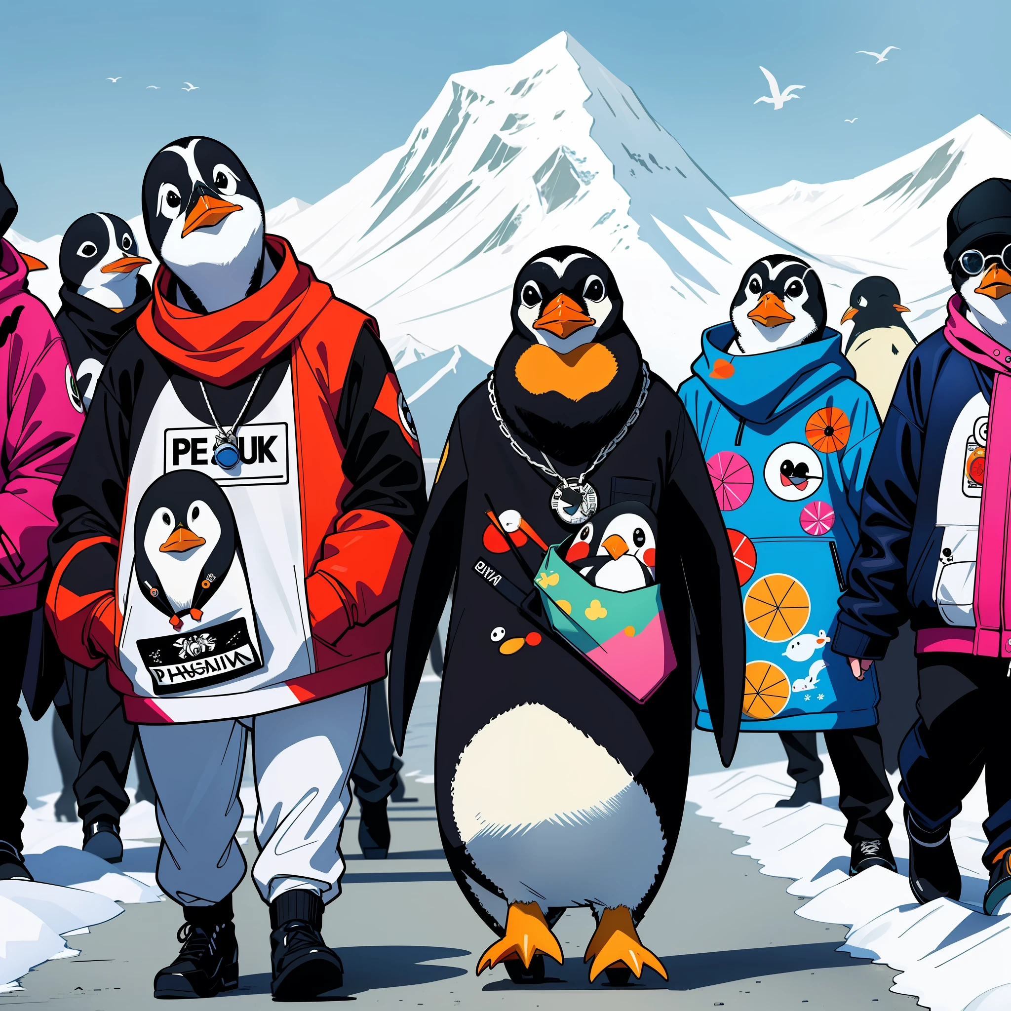Create a fashionable penguin sticker design。Depict penguins wearing unique clothes and accessories。Fashion show with penguins walking down the runway、Organizing your closet、Changing clothes according to the change of seasons, etc.、appearance々Please proceed with the design assuming the situation。Thinking of colorful and unique fashion items、We are waiting for designs that bring out the fun and personality of the penguins.