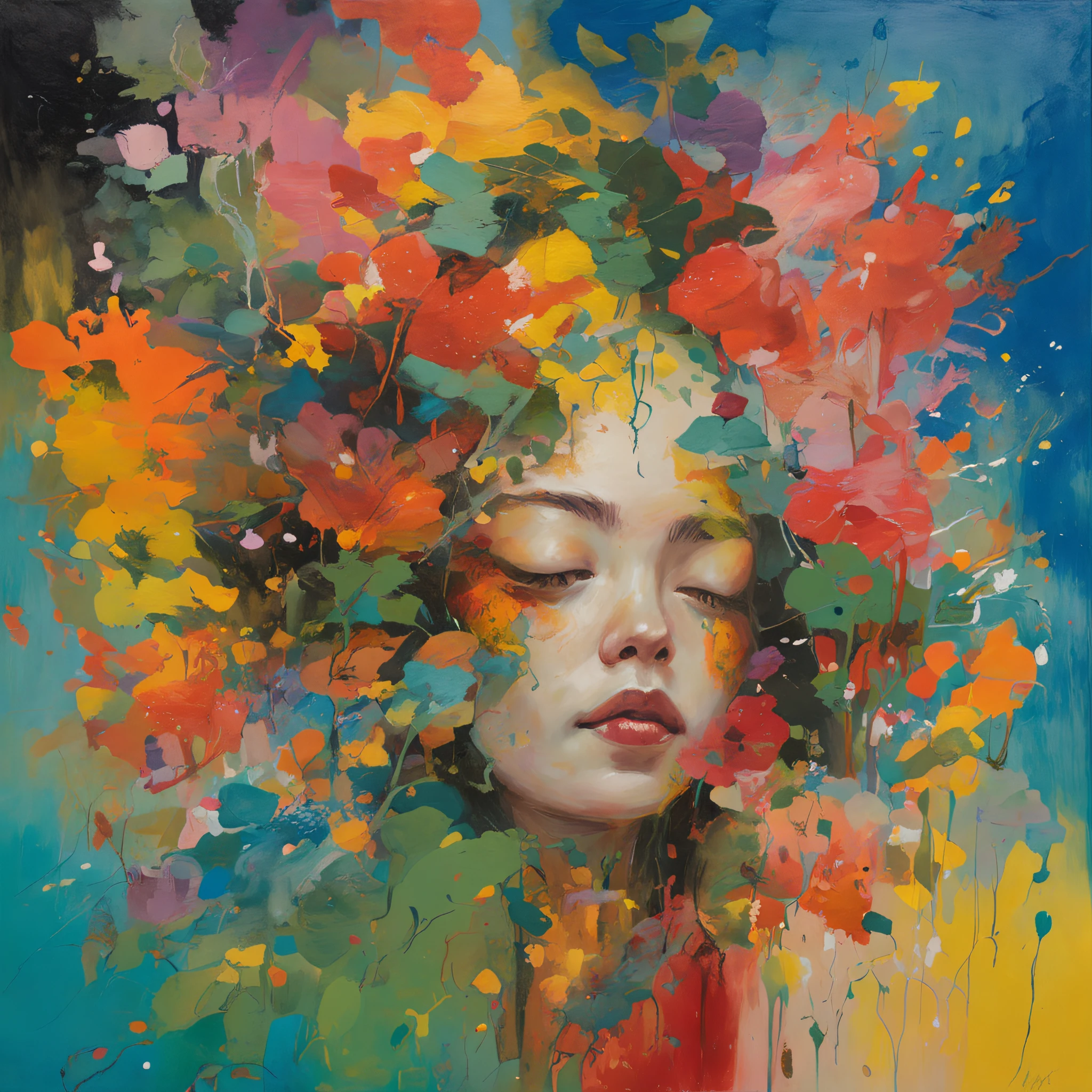 uma mulher ajoelhada rezando, Detalhes intrincados da pintura das florestas japonesas, por Range Murata, galaxy in background, nuvem, Cores vivas, alto contraste, montanha, arte da linha vetorial, Destaques Laranja, trending on pixiv, Anime Concept Art, Stick, Tapete, alta qualidade, Borda a Borda, Sanskrit