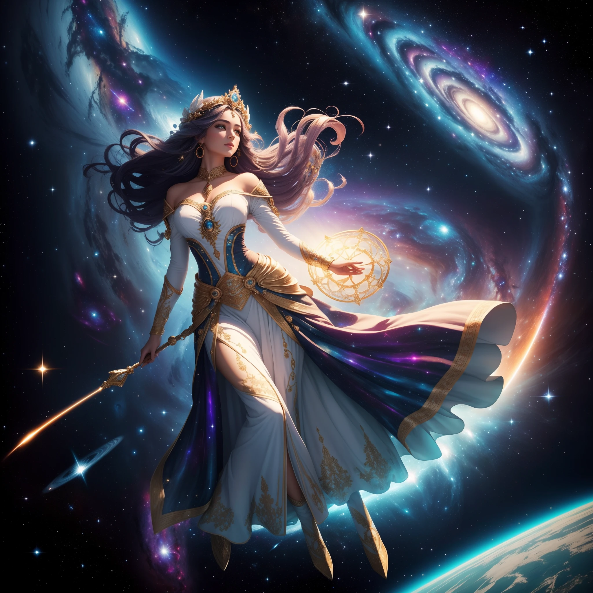 In the midst of space, a goddess is sailing the universe in all its splendor. With her energy she illuminates her path, her beauty makes everything around her even brighter. Stars, galaxies and all the beauty of the universe is around her. She wears beautiful fabrics with incredible embroidery, her endless hair seems to fly behind her.