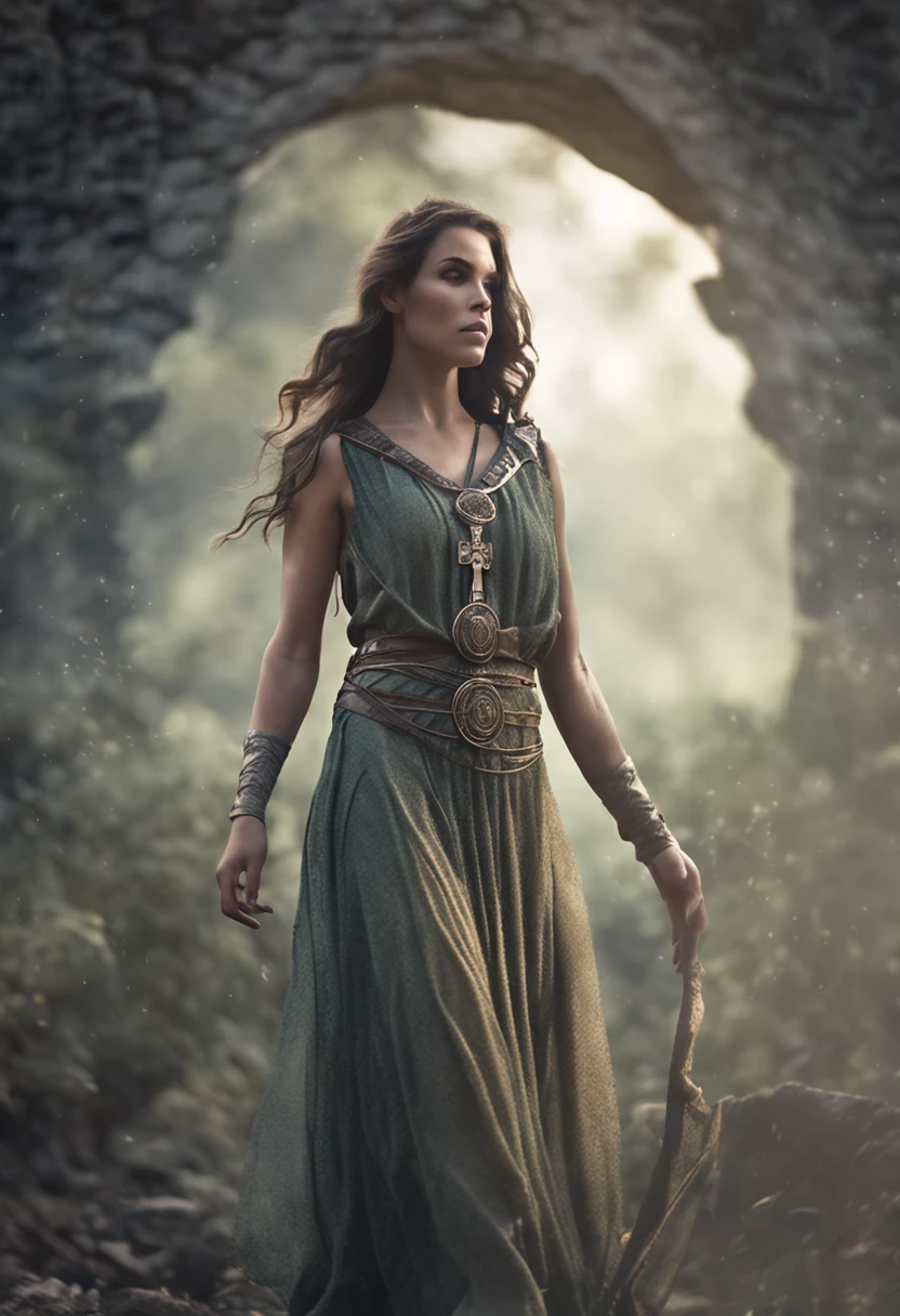 Celtic female warriors, Stone ruins, Tall and slender, Flowy dress with Celtic knot jewelry, procreate, watercolor technique, Poster design, 300 dpi, Soft lighting, Ethereal art, mysterious, Serene expression, Enchanting atmosphere, Bokeh, Photo, 8K, Dark, Dynamic action, pale washed out style, Dreamy nostalgia, Soft focus, dark halo, light leaks, Medium photography, Gloomy art painting ethereal, Whimsical, Coarse grain photos