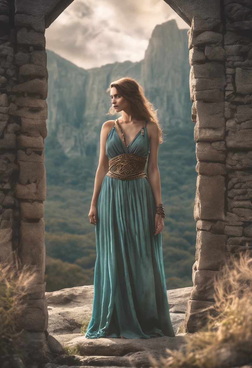 Celtic female warriors, Stone ruins, Tall and slender, Flowy dress with Celtic knot jewelry, procreate, watercolor technique, Poster design, 300 dpi, Soft lighting, Ethereal art, mysterious, Serene expression, Enchanting atmosphere, Bokeh, Photo, 8K, Dark, Dynamic action, pale washed out style, Dreamy nostalgia, Soft focus, dark halo, light  leaks, Medium photography, Gloomy art painting ethereal, Whimsical, Coarse grain photos