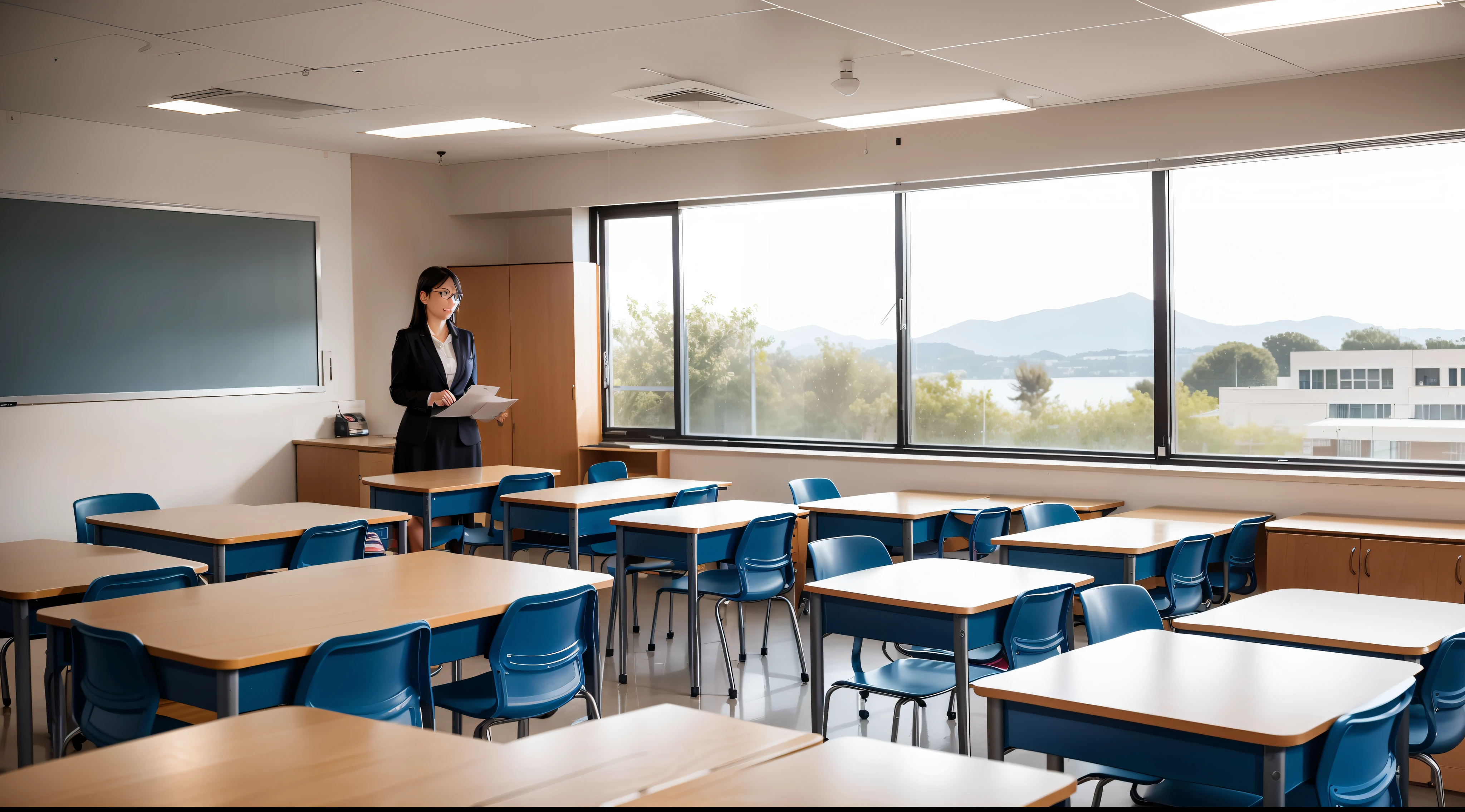 The background is the classroom,On the left, a female teacher wearing glasses stands on the podium,On the right of the picture are five elementary school students sitting in their seats