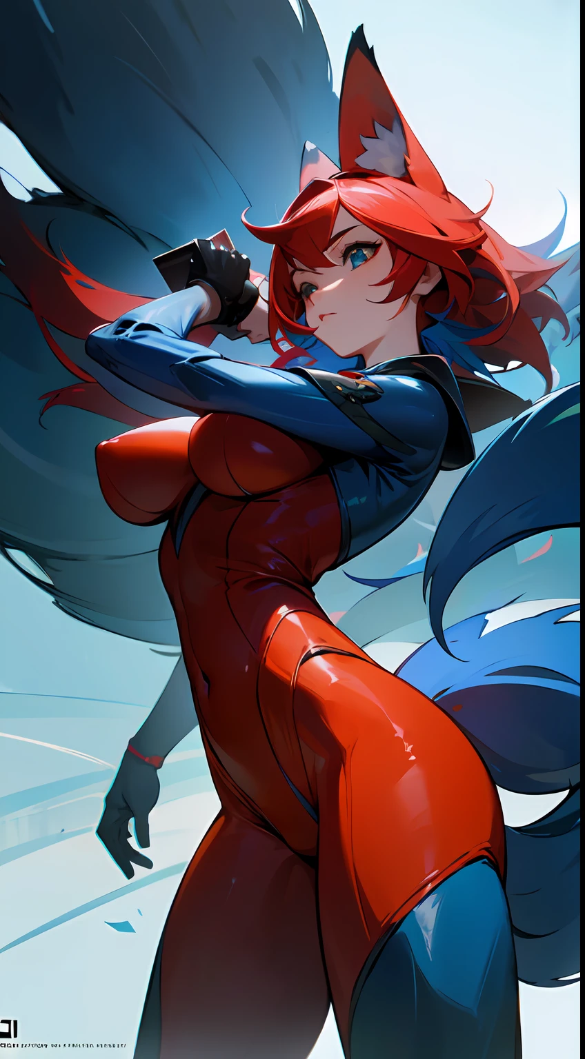 trending on artstation, trending on midjourney, award winning, timeless art work, masterpiece, genius, worldclass, extra ordinary, aesthetic, beautiful, stunning, brilliant, cinematic, dynamic, cinematic lighting, inspirational, 4k resolution, 8k resolution, artstation hd, artstation hq, 1 girl, huge breasts, navel, blue hair, red hair, multicolored hair, blue bodysuit, armor bodysuit, center opening, innerboob, fox girl, multiple tails, character