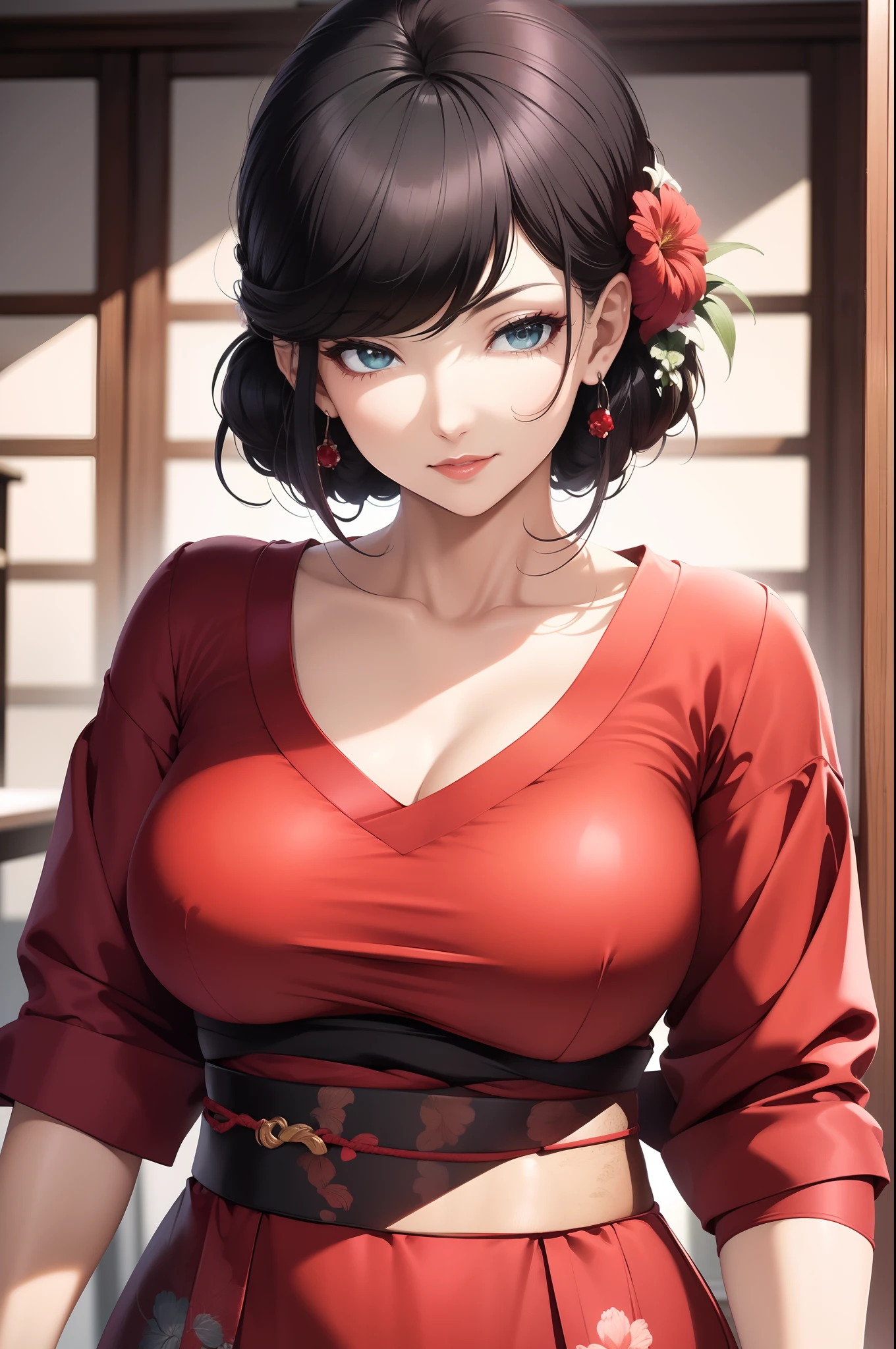 1womanl,red clothes,tmasterpiece,Close-up shot,looks into camera,Be red in the face,ssmile, detailed finger, beautiful hand, 1womanl, brunette color hair: 1.1, Super detailed face, Detailed lips, Detailed eyes, 二重まぶた,full body1:1,little breast,komono