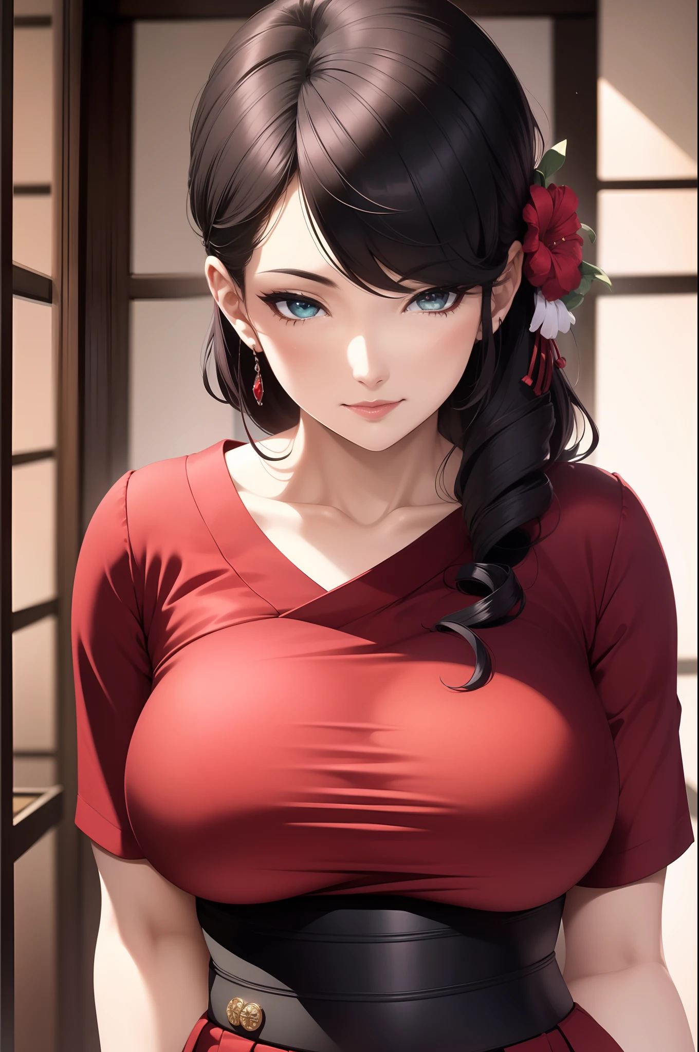 1womanl，red clothes，tmasterpiece，Close-up shot，looks into camera，Be red in the face，ssmile， detailed finger， beautiful hand， 1womanl， brunette color hair： 1.1， Super detailed face， Detailed lips， Detailed eyes， 二重まぶた，full body1:1，little breast，komono