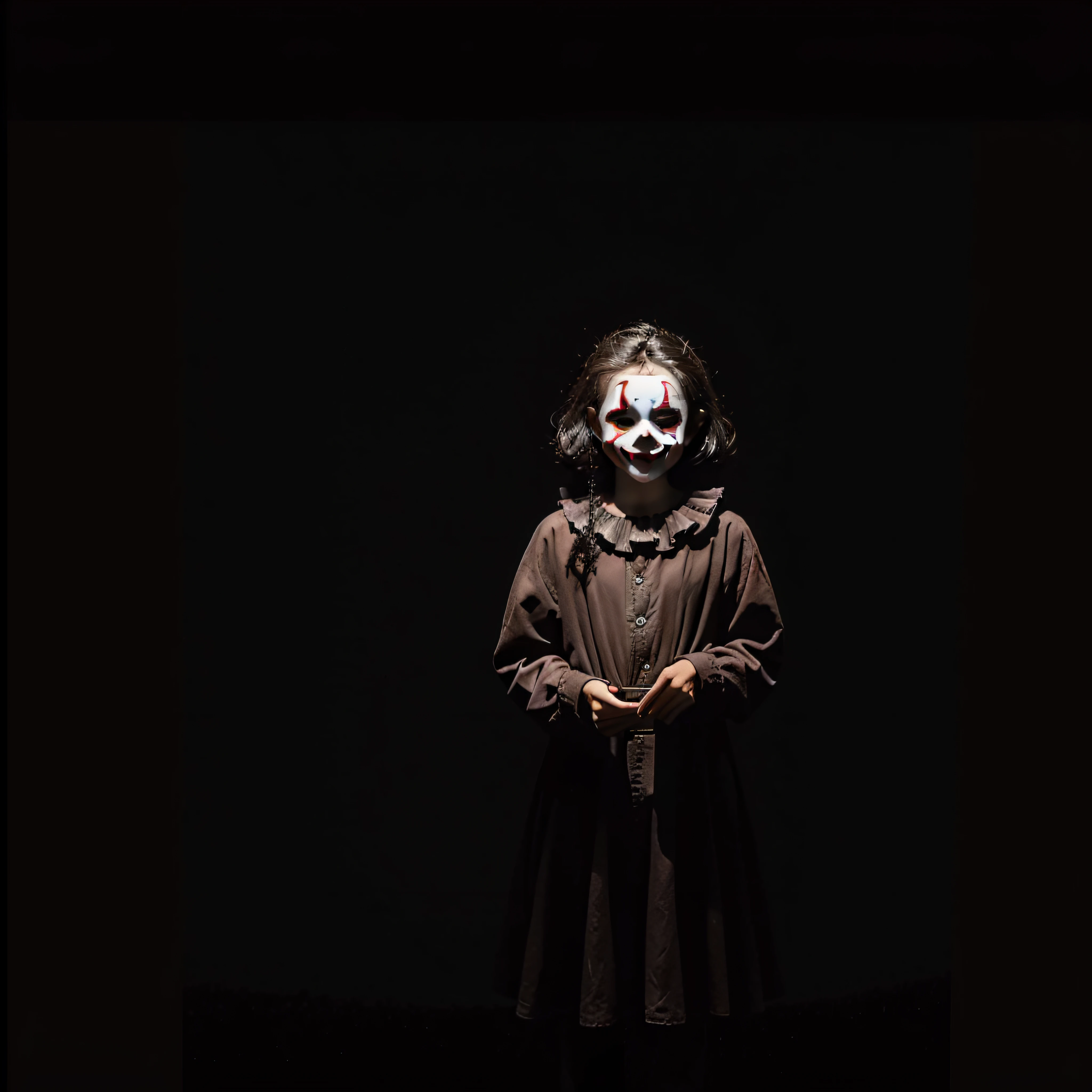 (extremadamente detallado, obra maestra, La mejor calidad, foto antigua, principios de siglo) dark kids with clown masks, una linterna directa lo ilumina, bosque de noche. plano cercano. sangre por el suelo.