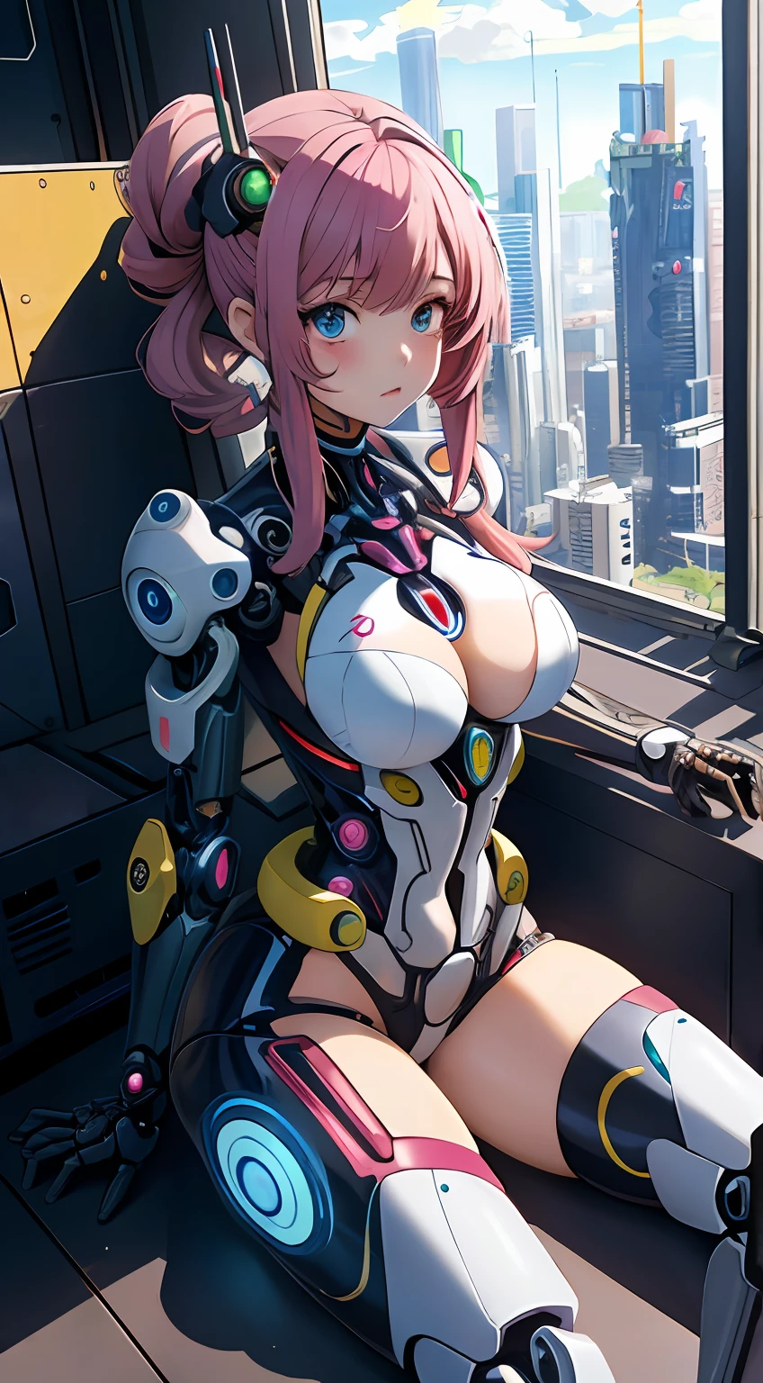Anime girl in a futuristic suit sitting on the floor, biomechanical oppai, cyberpunk anime mech, meninacha cyber armor, mulher ciborgue perfeita do anime, menina bonitrgue, menina android per menina ciborgue bonito, ue - Menina com cabelo loiro, cyborna bonita, seios grandes, seios s, menina ciborgue, ciborgue - menina, Anime ue