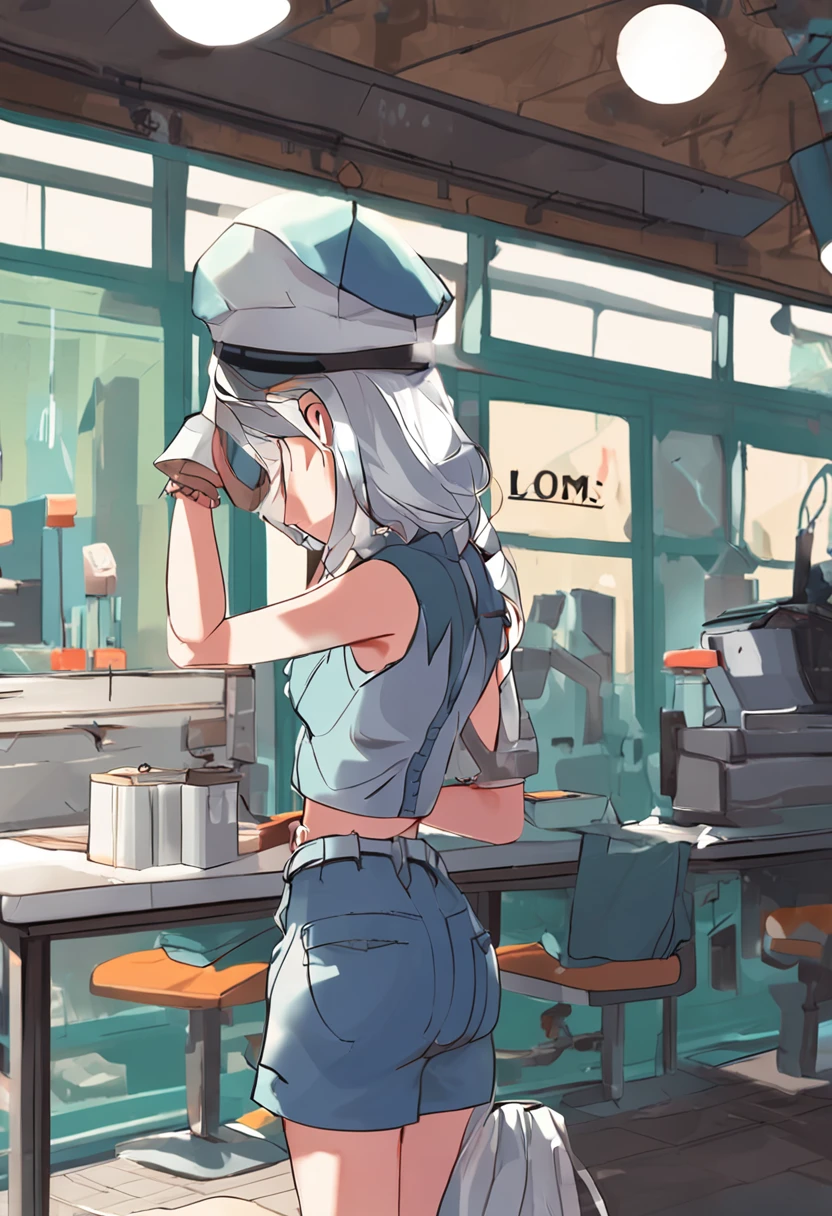 mills,Women work,blue tanktop,White hat,long trousers,Left and right hands on the bench,Background windows let light in,Sunnyday,Background electronics,fluency,small boobs,Cute smile,horse tailed,Bright environment,Bust