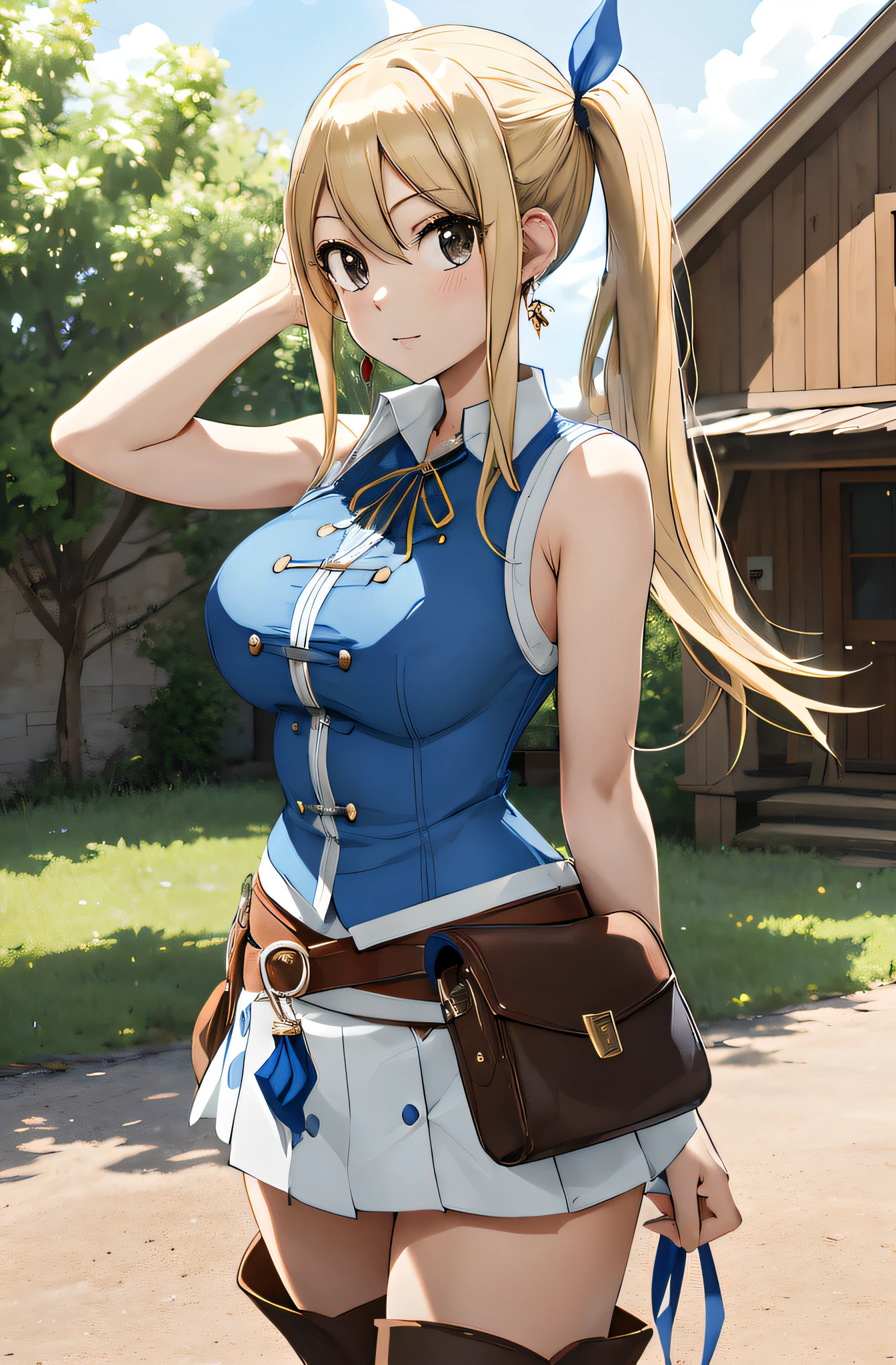 masterpiece, best quality, highres, lucy heartfilia, blonde hair, long hair, side ponytail, blue ribbon, large breasts, earrings, thigh boots, blue shirt, sleeveless shirt, white skirt, standing, outdoors, town, house, cowboy shot, looking at viewer,