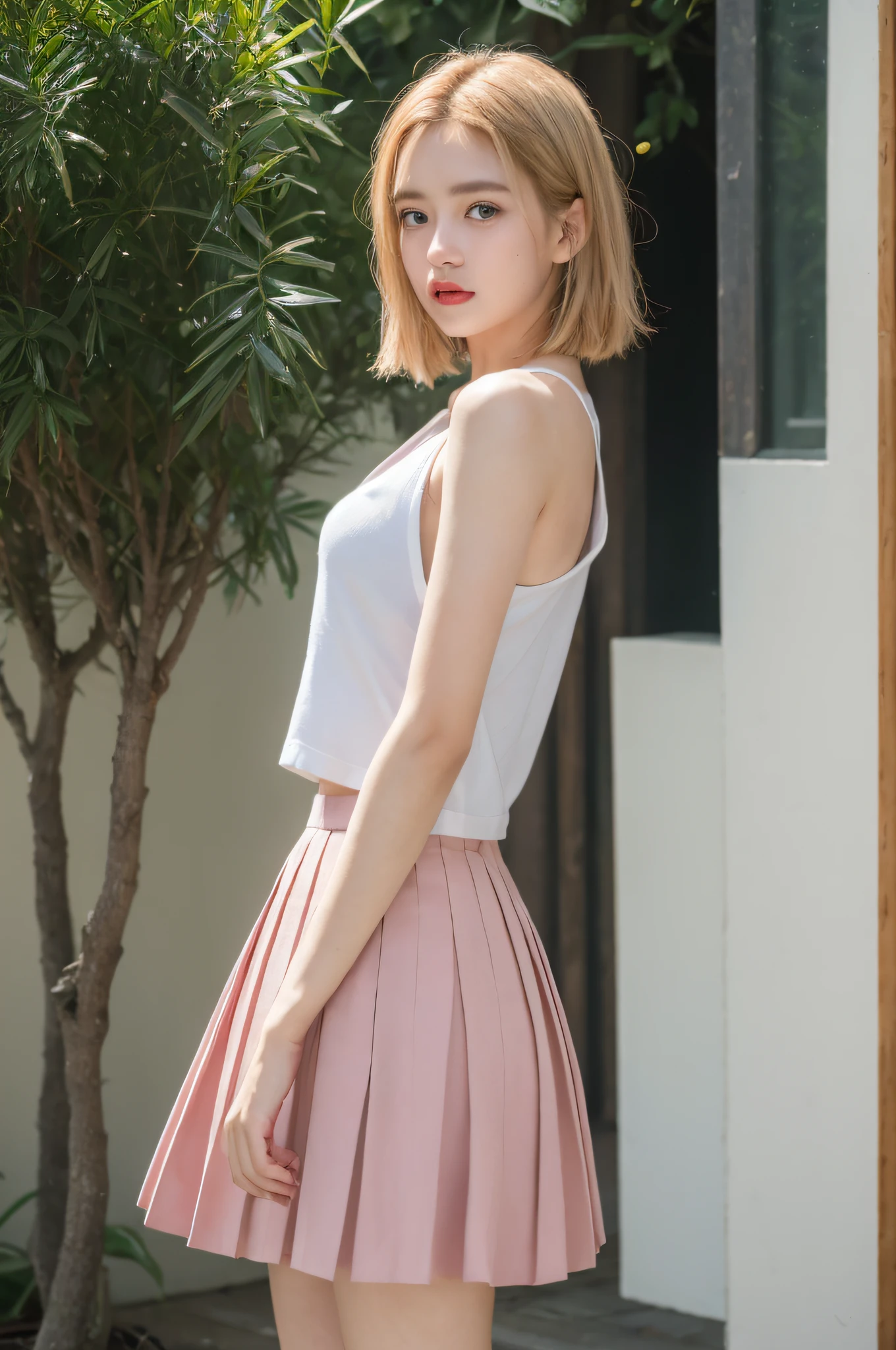 (8k、RAW Photography、top-quality、masterpiece:1.2)、high-definition RAW color photography、professional photograpy、(realisitic、photoRealstic:1.37)、ciinematic light、1girl in、stretch、White Adidas Jacket、black pleats skirt、Tight Pink Tank Top、outside of house、college、Shine Light、a blond、Wolfhair