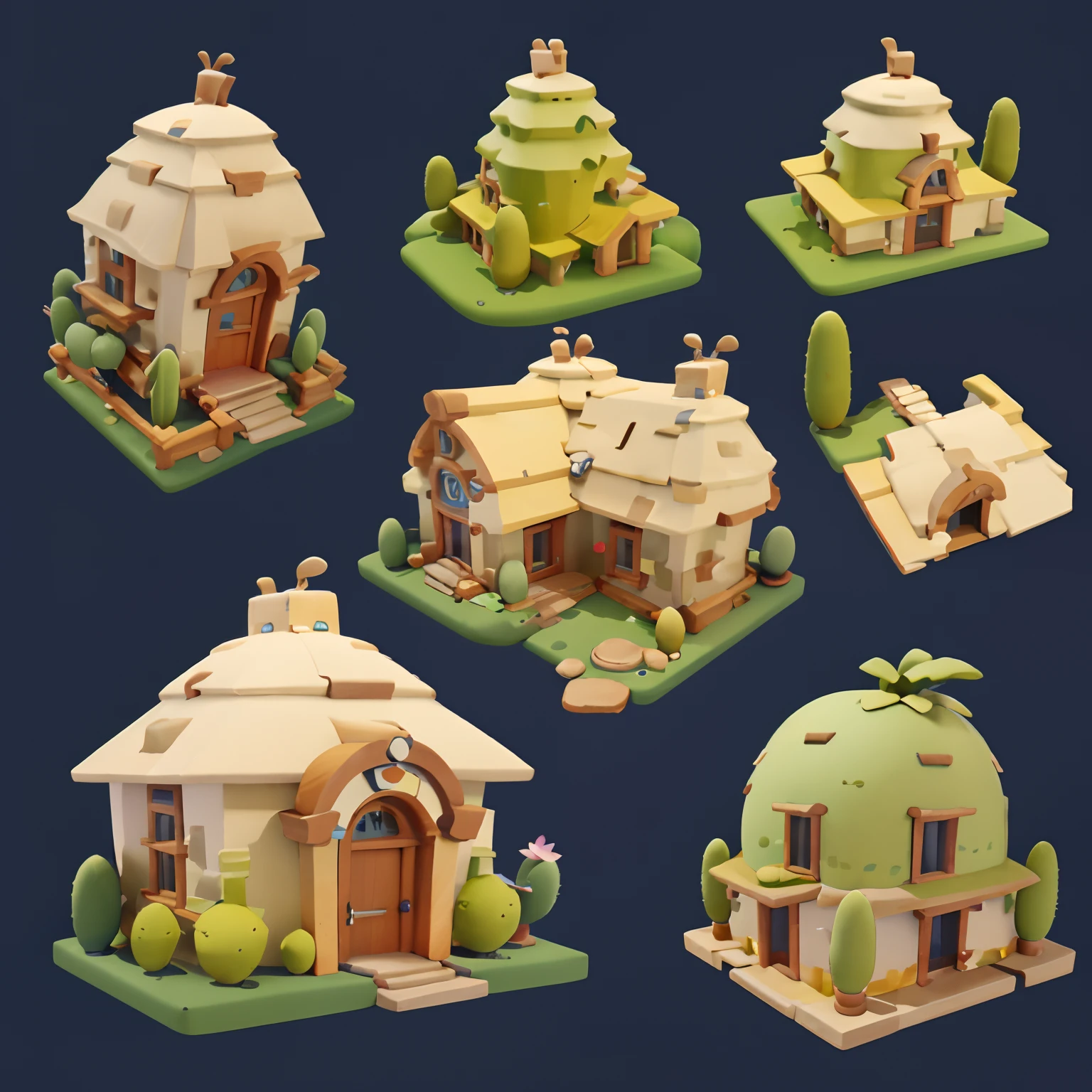Game architectural design, Cartoony,Cactus House，The cactus matches the architecture，casual game style, Cactus architecture,C4D，closeup cleavage，tmasterpiece，super detailing，best qualtiy