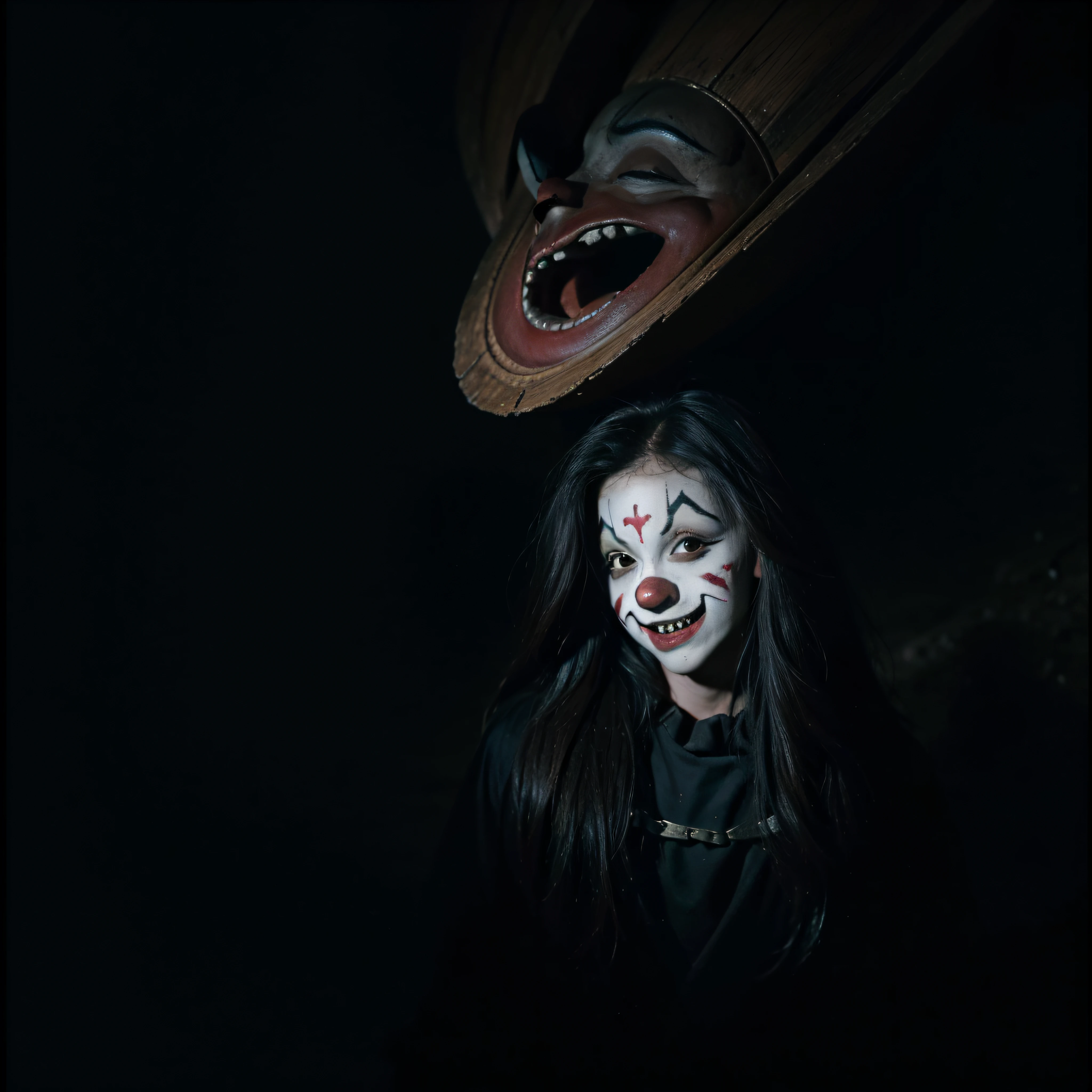 (extremadamente detallado, obra maestra, La mejor calidad, foto antigua, principios de siglo) dark kids with clown masks, iron tooths una linterna directa lo ilumina, bosque de noche. plano cercano. sangre por el suelo.