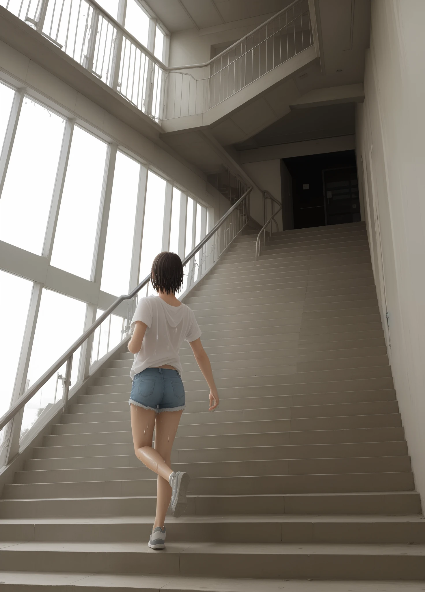 Cute beauty with wet short hair on campus goes up the stairs,Hold the stairs from the top down