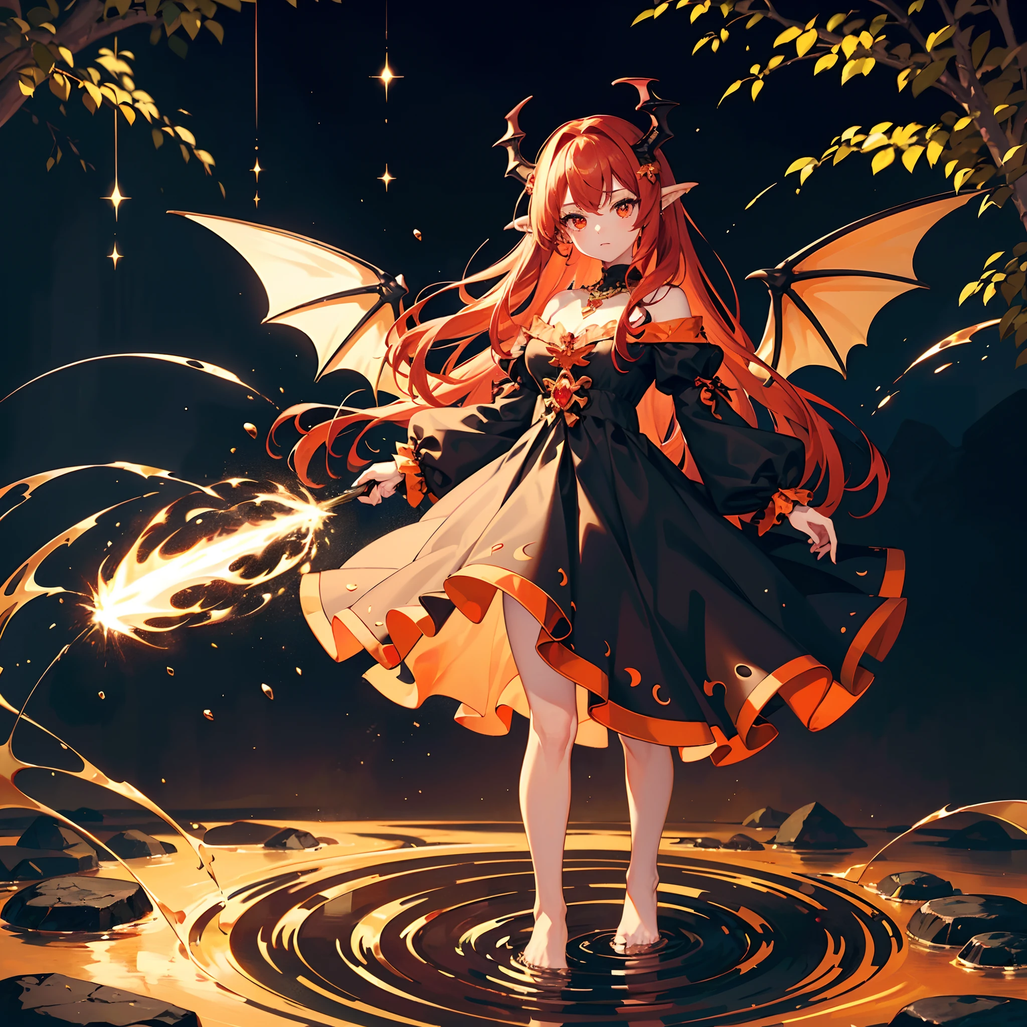 high high quality，tmasterpiece，Delicate facial features，Delicate hair，Delicate eyes，Delicate hair，A high resolution,beautifuldetails,Excellent human anatomy,(1 girl:1.3),Solo,full bodyesbian,(//Dragon female(Dragon horn,huge dragon wings):1.3//),Red hair,Orange eyes,piercingeyes,Ruby jewelry necklace,(Loli,kiddy big breasts,child),Black lace dress(The dress has a pannier),Bare feet,Blurry dragon head on background,A stream of orange-red gas，Spread outward like ripples,volcano background,(Stand on the floor made of black stone:1.3)+(Splashing magma everywhere:1.3)+(spark!),(Golden ratio:1.2),[(Red background:1.4)::10]