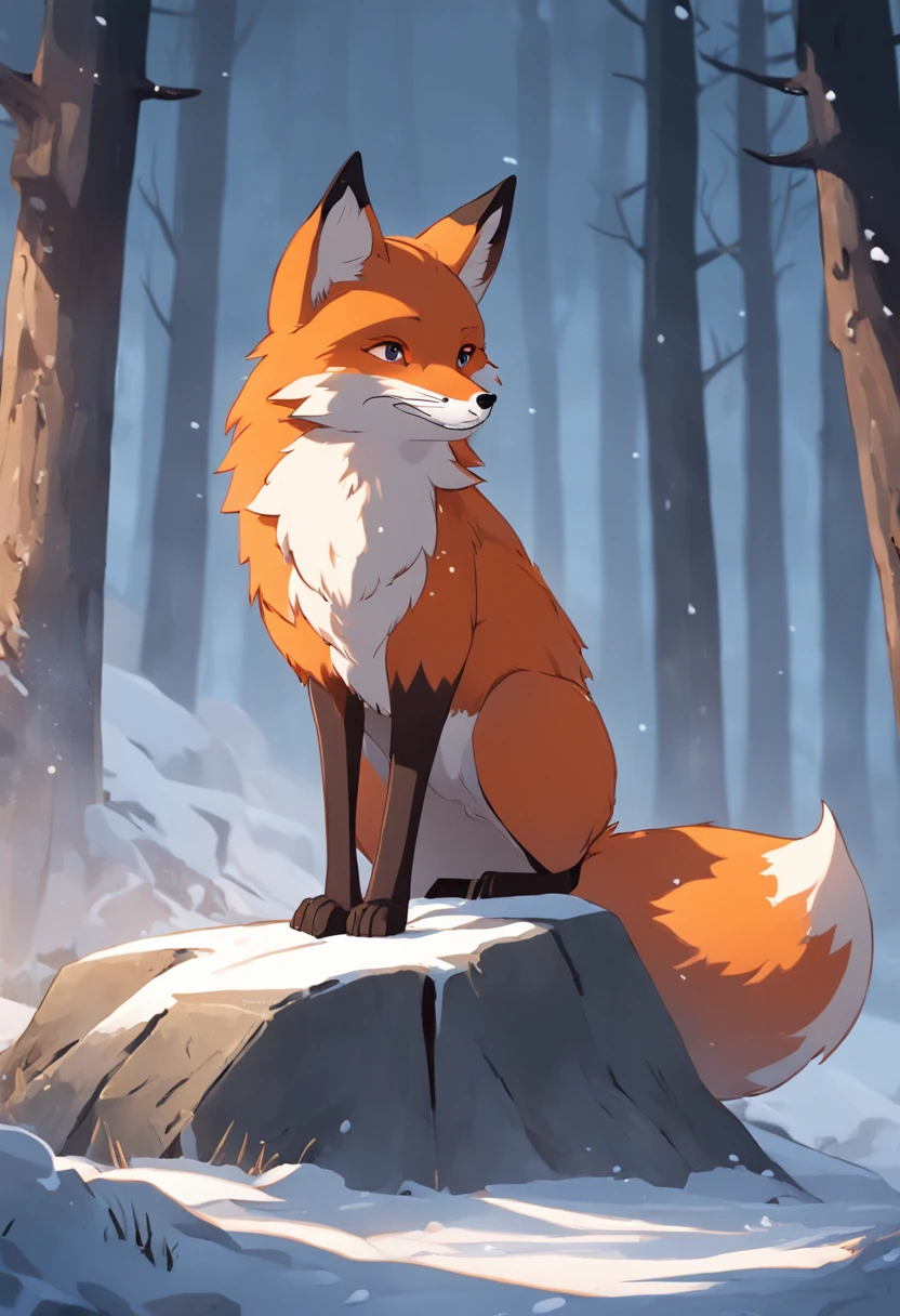 The Arafeld fox stands on a rock in the snow of the forest, fox animal, red fox, cute fox, red fox, Female fox, stylised fox - like appearance, anthropomorphic fox, fox legs, A beautiful lady fox, Fox section, Beautiful fluffy fox, Anthropomorphic fox, wildlife photo, Between foxes and deer