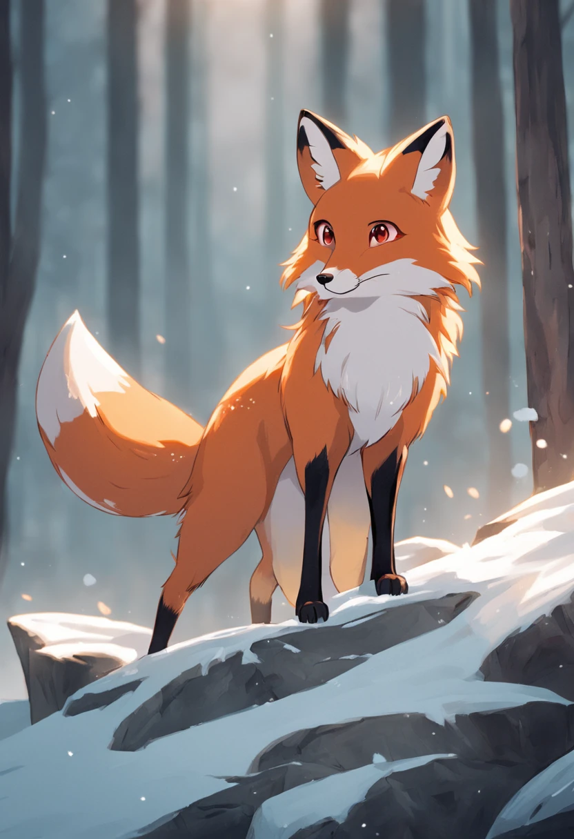 The Arafeld fox stands on a rock in the snow of the forest, fox animal, red fox, cute fox, red fox, Female fox, stylised fox - like appearance, anthropomorphic fox, fox legs, A beautiful lady fox, Fox section, Beautiful fluffy fox, Anthropomorphic fox, wildlife photo, Between foxes and deer