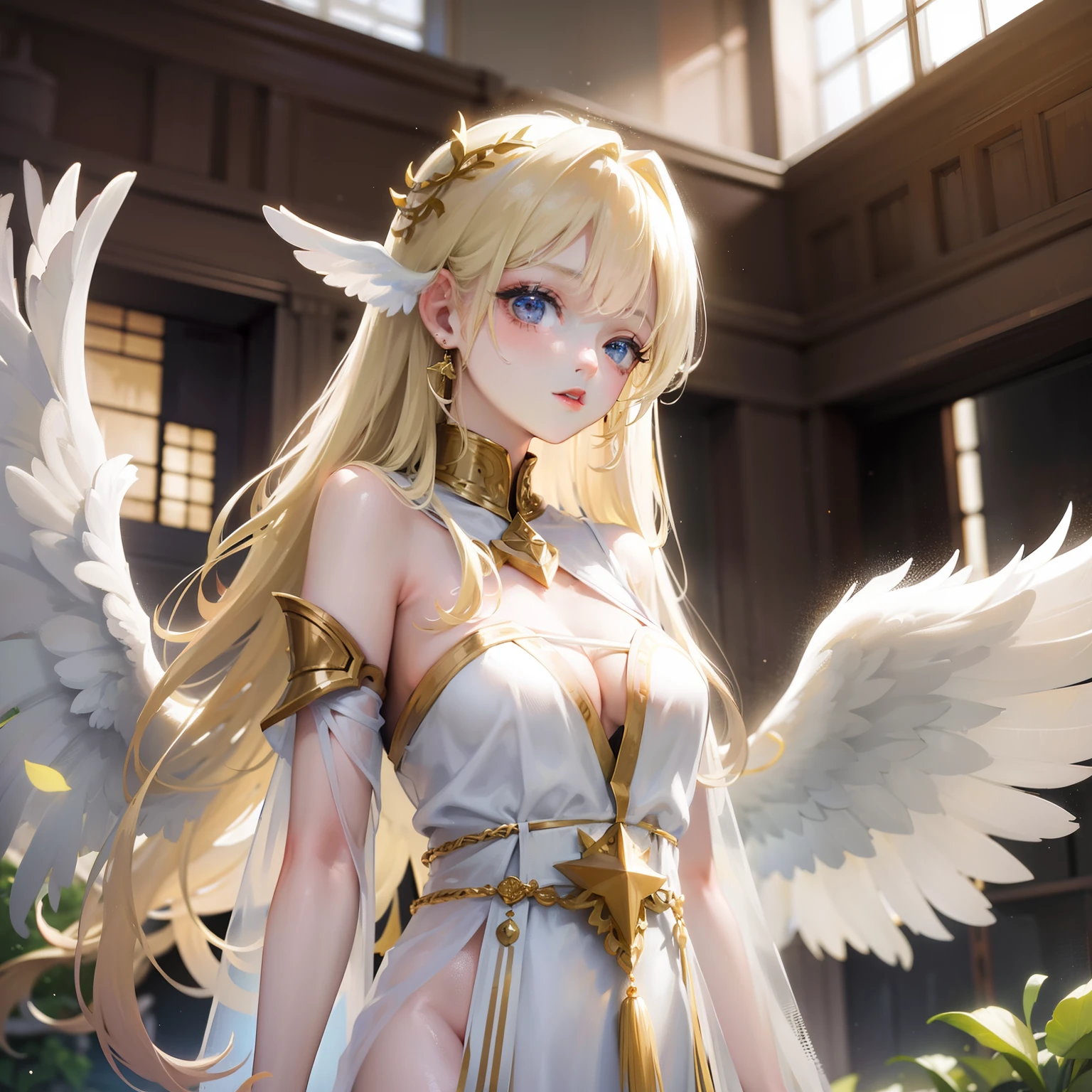 angel, blonde hair, white transparent robe, white wings, gold accessory